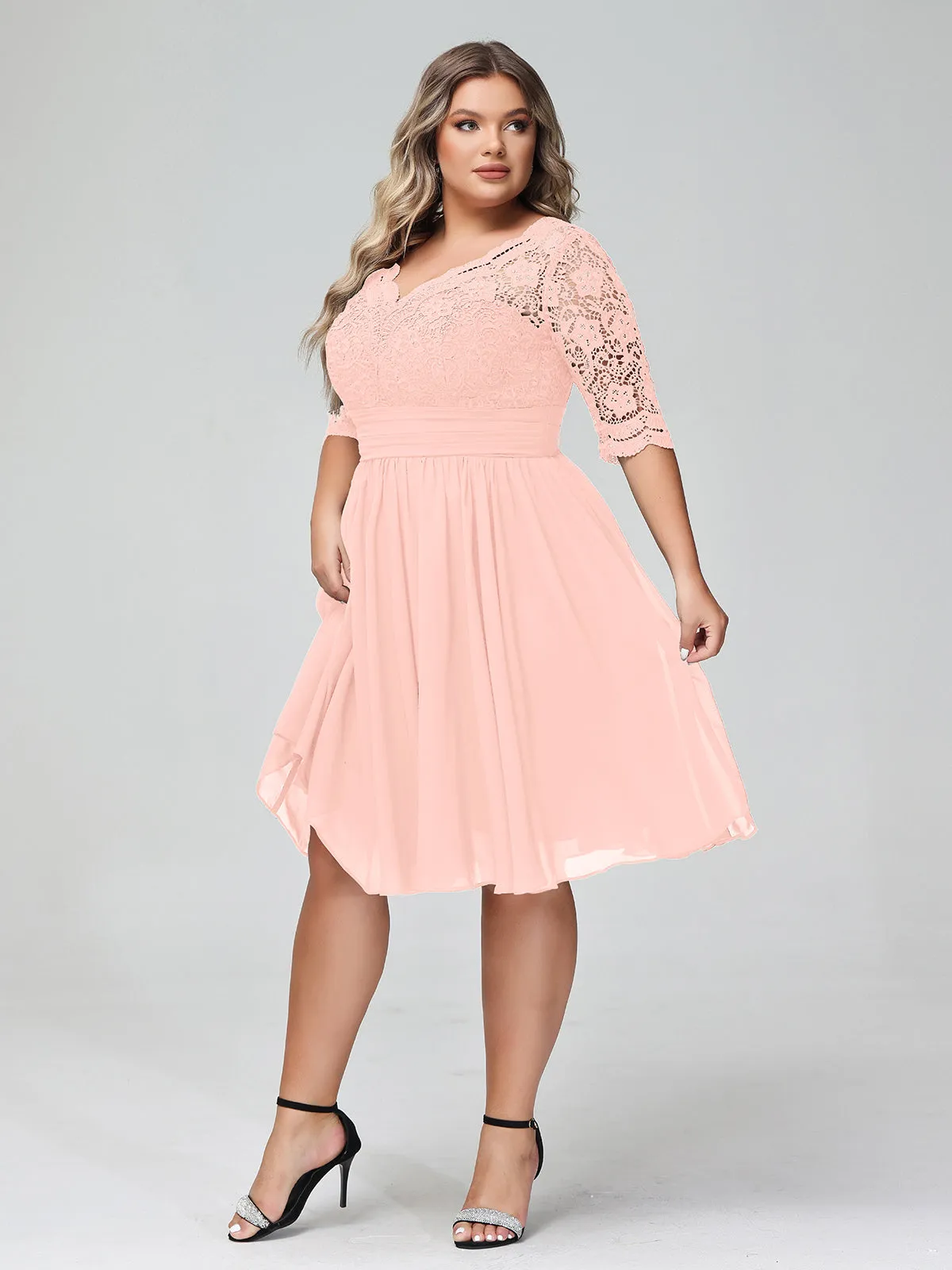 Lace and Chiffon Short Dress with Half Sleeves Coral