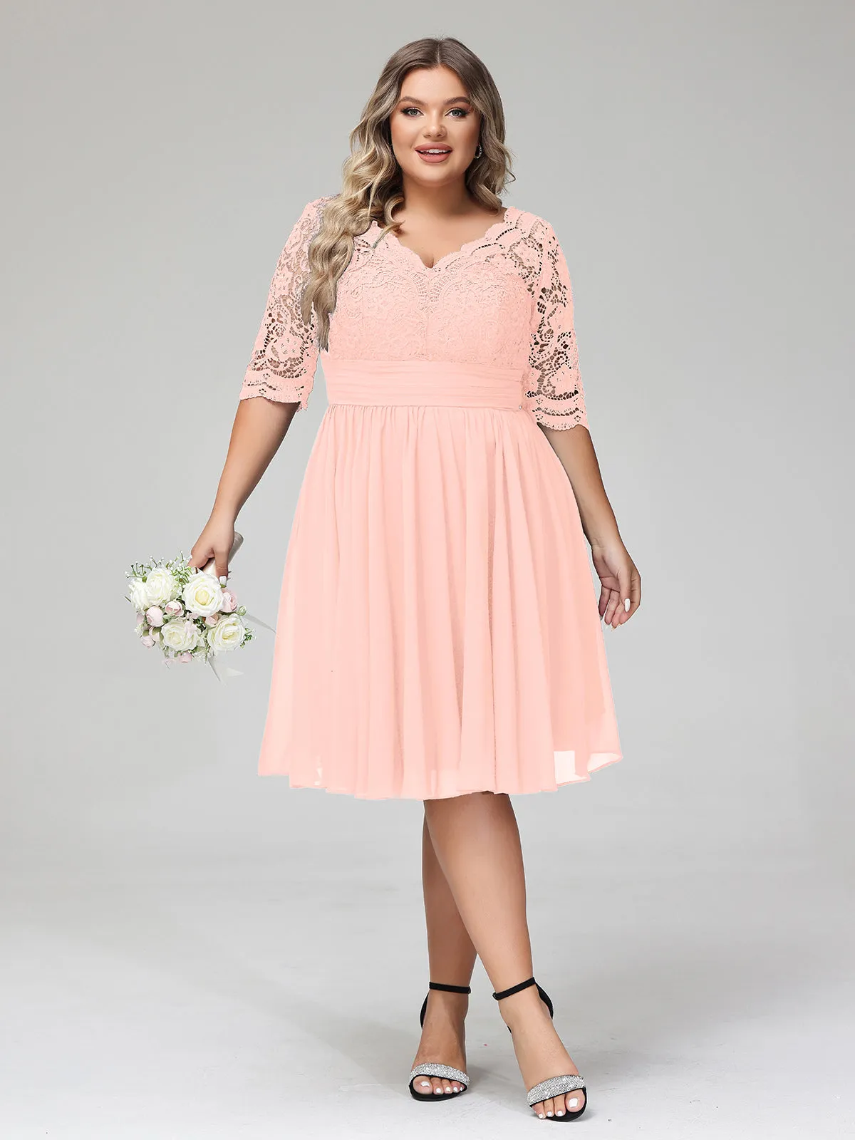 Lace and Chiffon Short Dress with Half Sleeves Coral