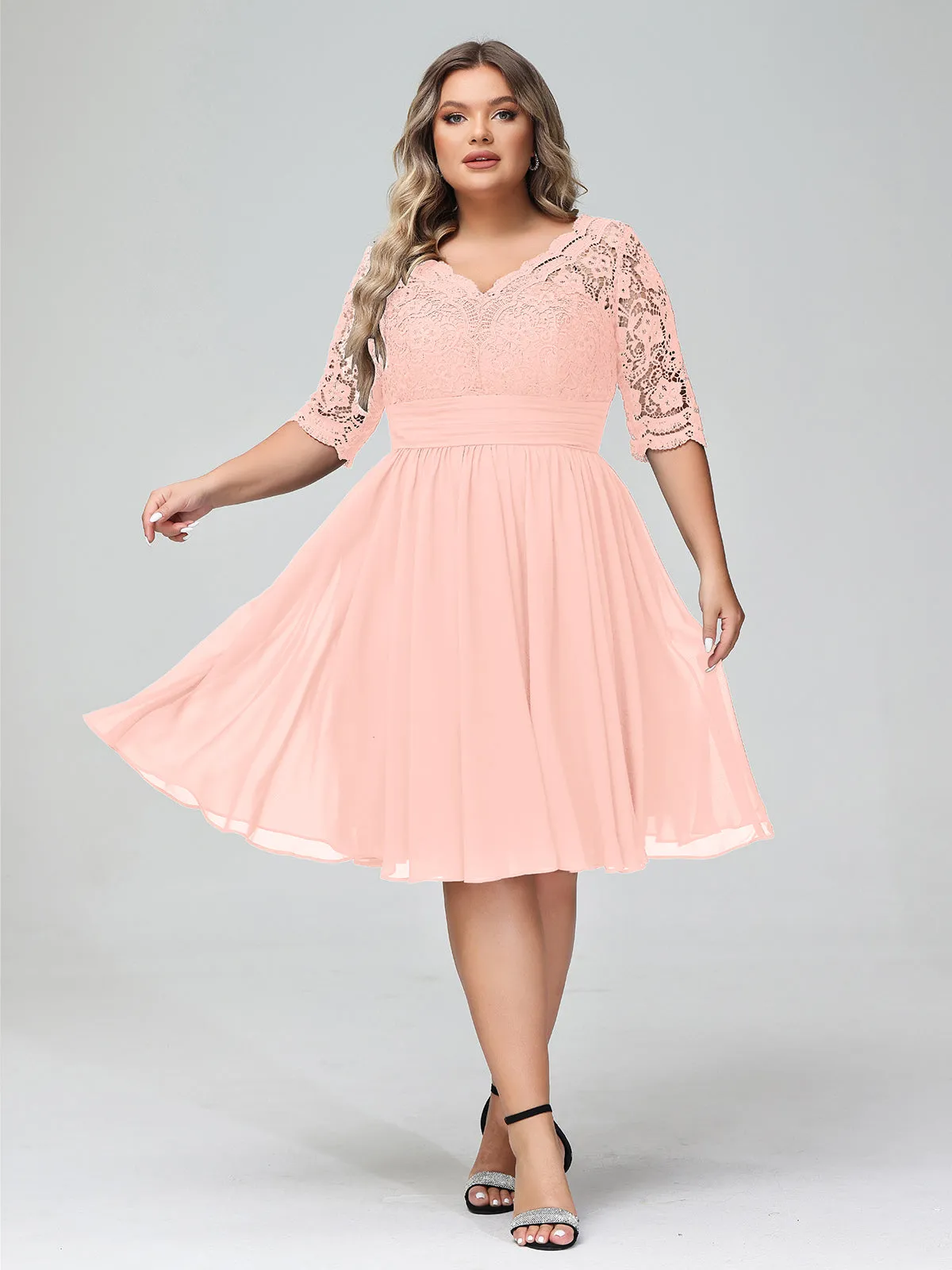 Lace and Chiffon Short Dress with Half Sleeves Coral