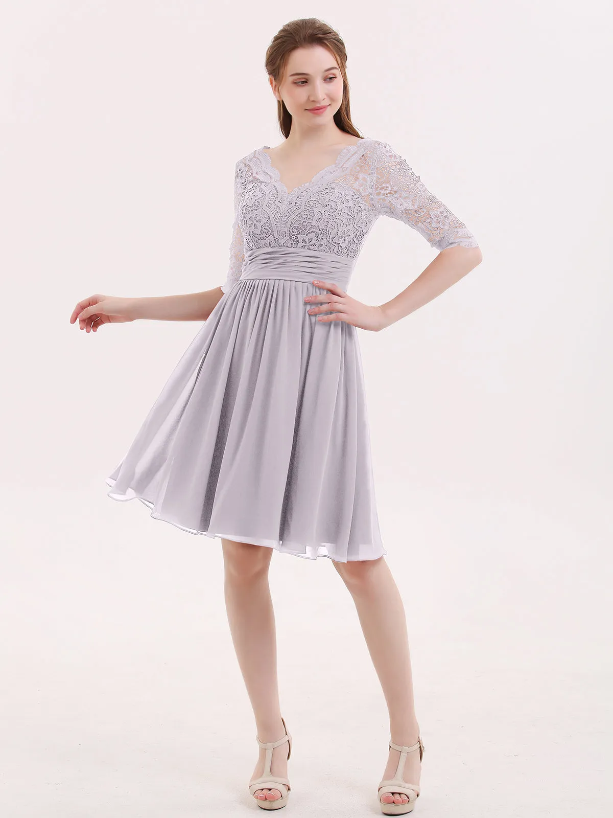 Lace and Chiffon Short Dress with Half Sleeves Dusk