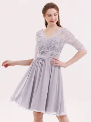 Lace and Chiffon Short Dress with Half Sleeves Dusk