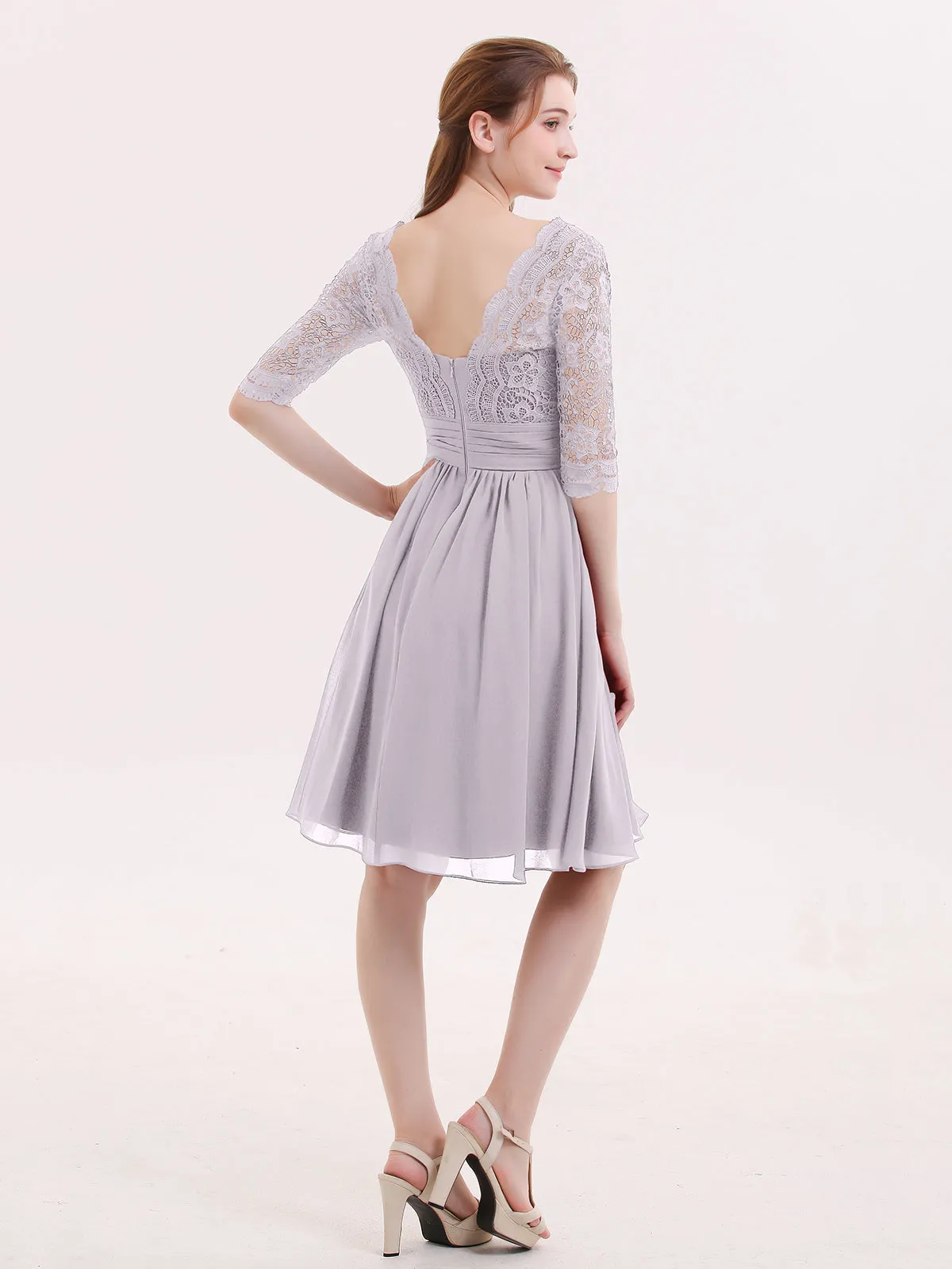 Lace and Chiffon Short Dress with Half Sleeves Dusk