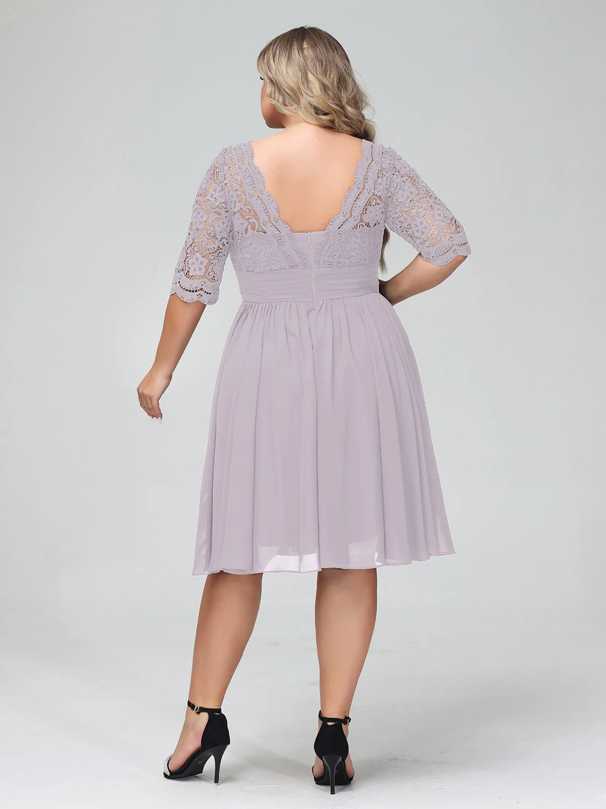 Lace and Chiffon Short Dress with Half Sleeves Dusk
