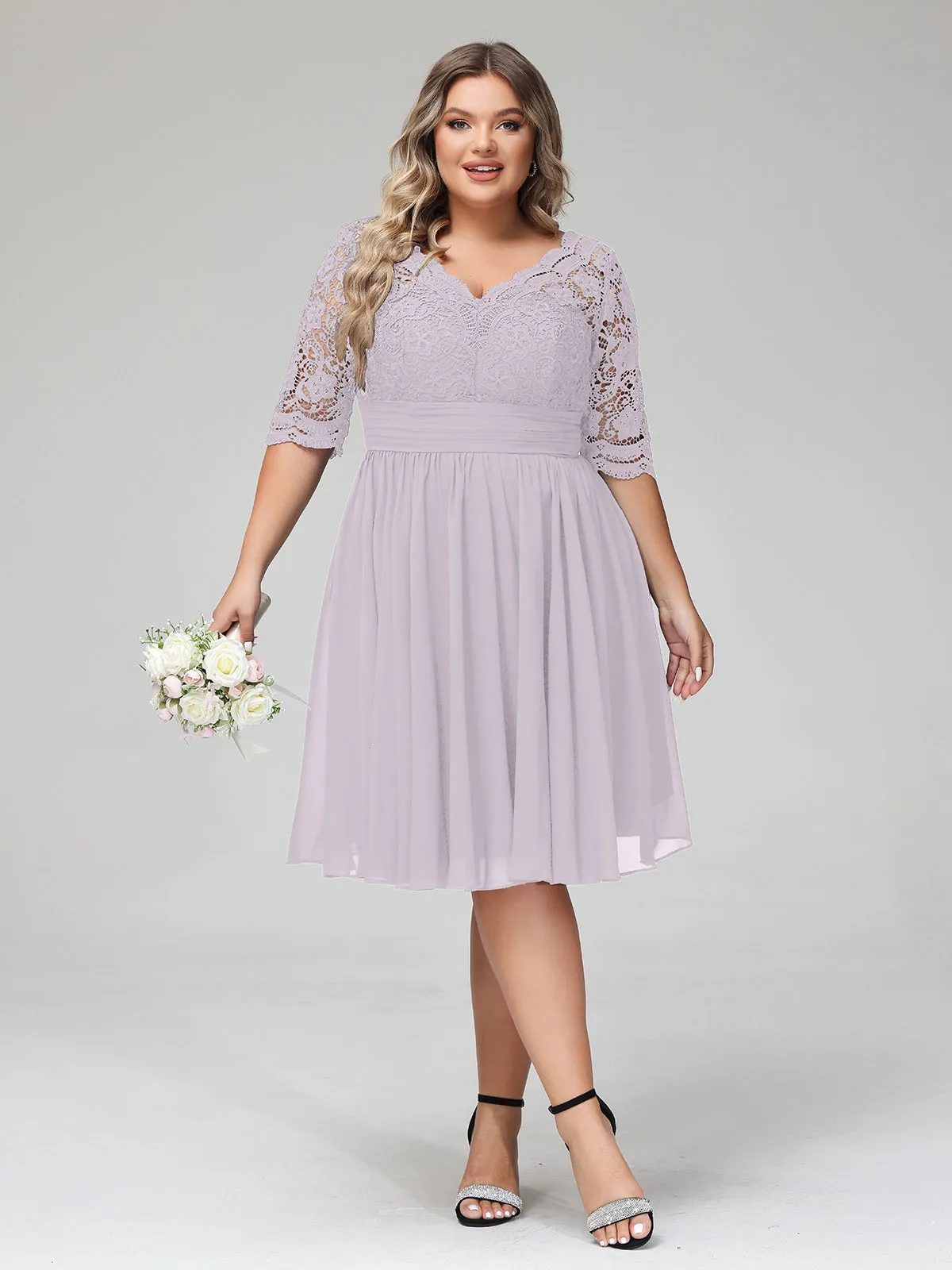 Lace and Chiffon Short Dress with Half Sleeves Dusk