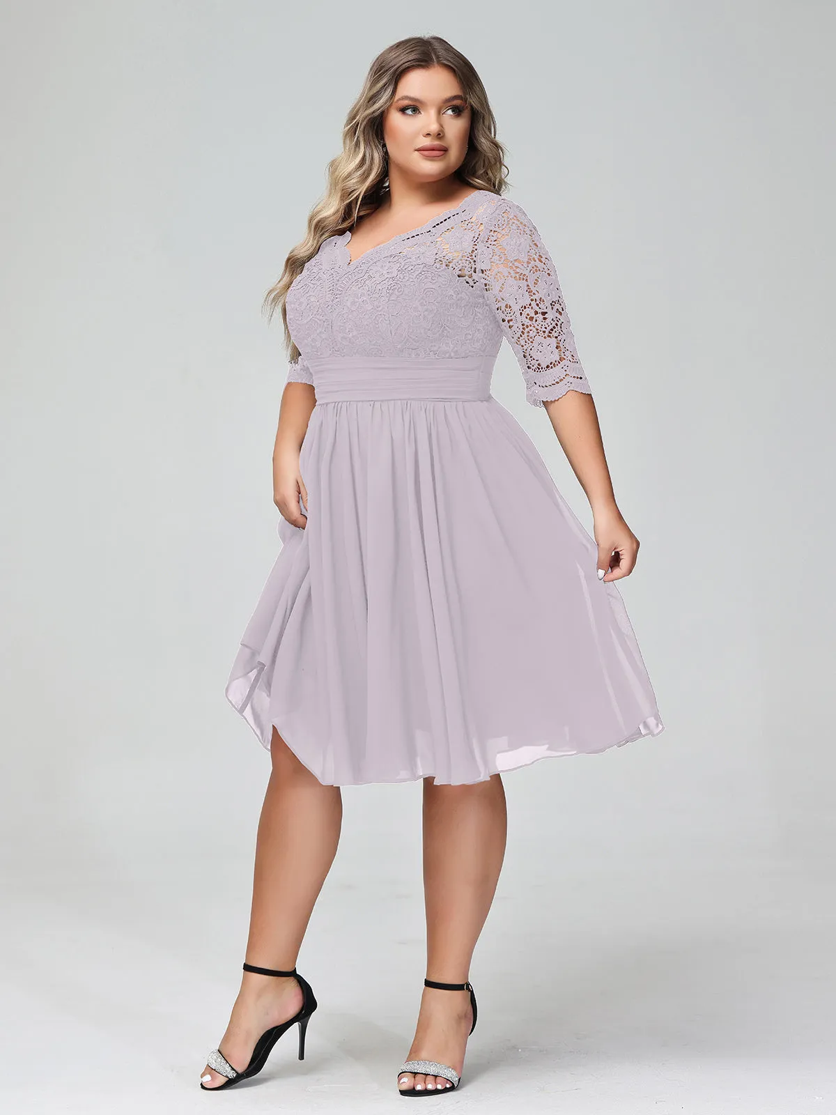 Lace and Chiffon Short Dress with Half Sleeves Dusk
