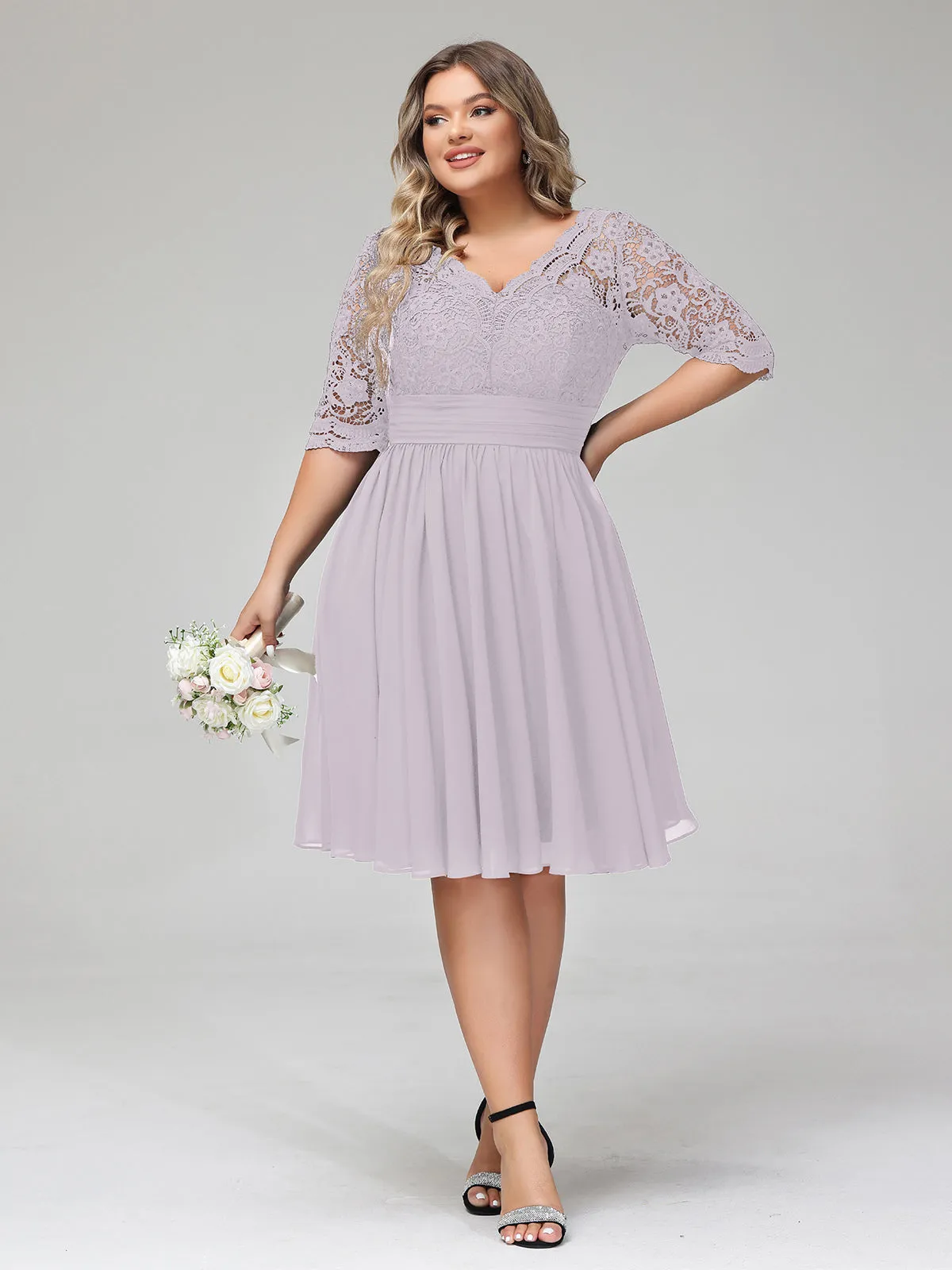 Lace and Chiffon Short Dress with Half Sleeves Dusk