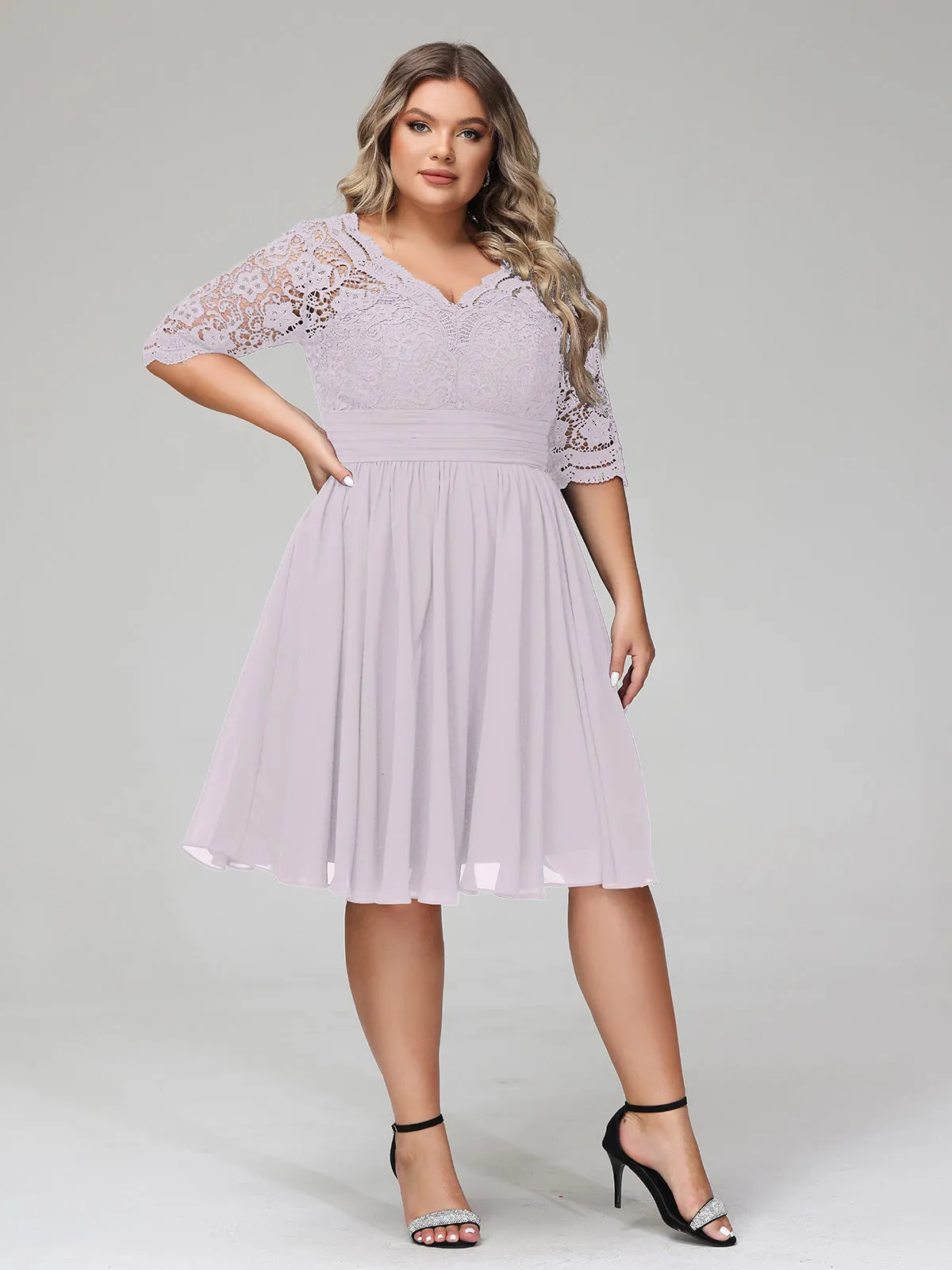 Lace and Chiffon Short Dress with Half Sleeves Dusk
