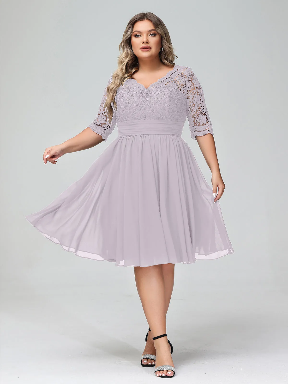 Lace and Chiffon Short Dress with Half Sleeves Dusk