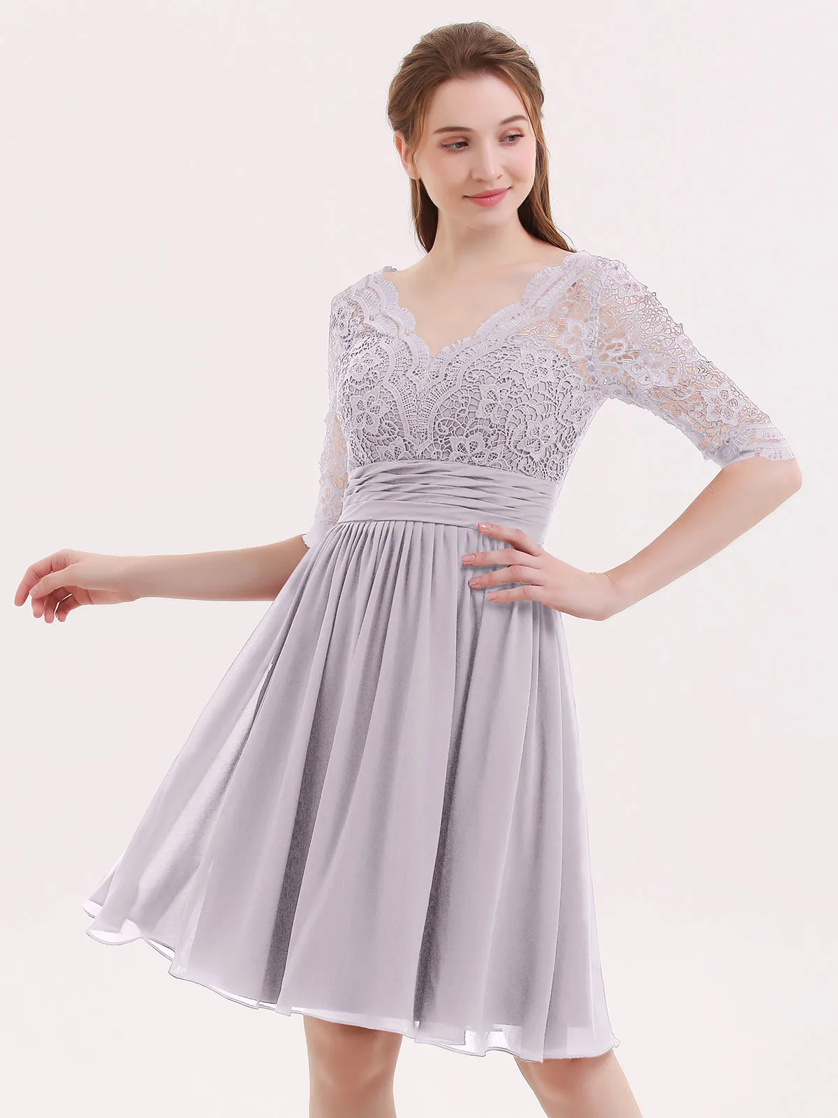 Lace and Chiffon Short Dress with Half Sleeves Dusk