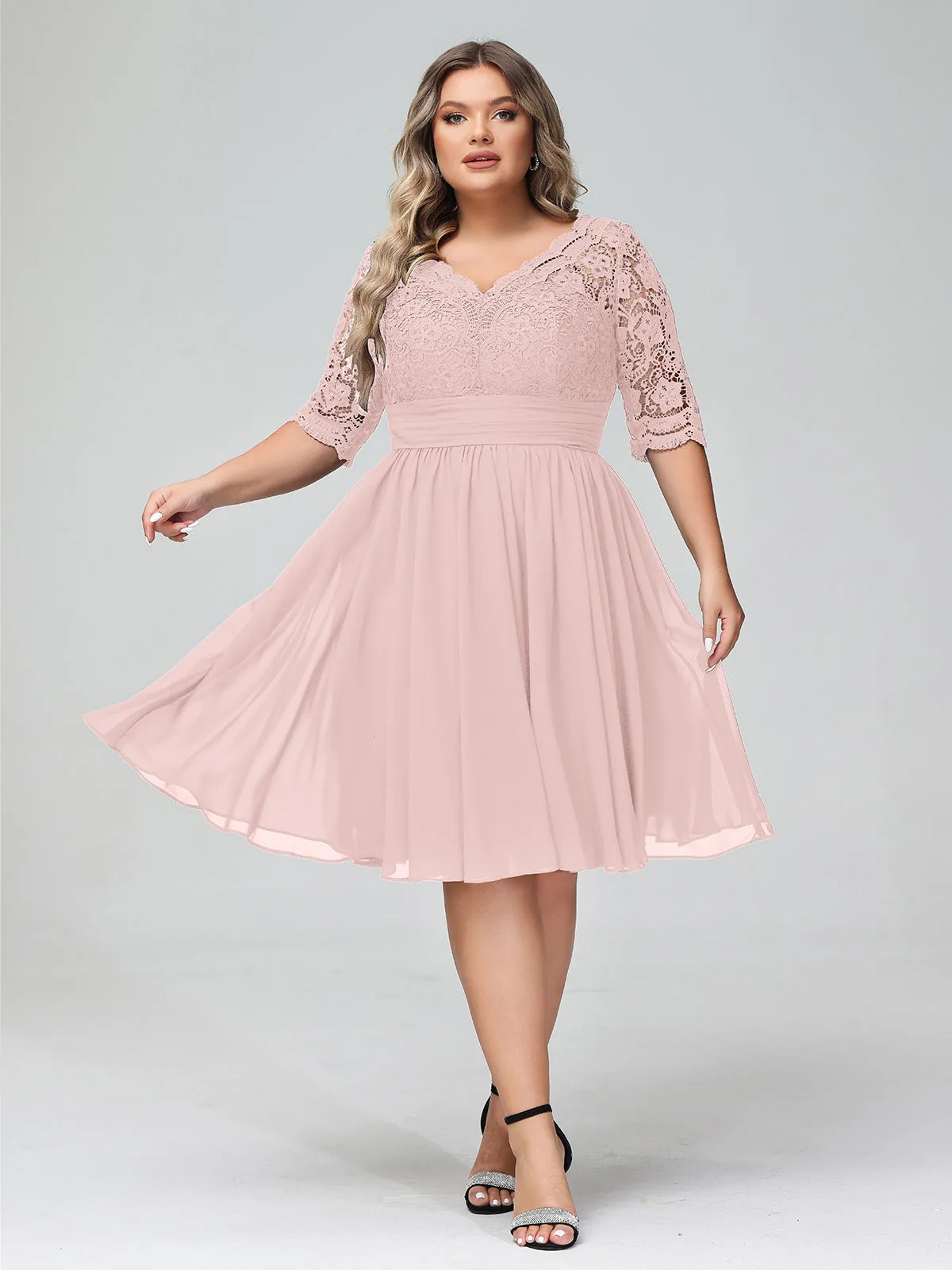 Lace and Chiffon Short Dress with Half Sleeves Dusty Rose