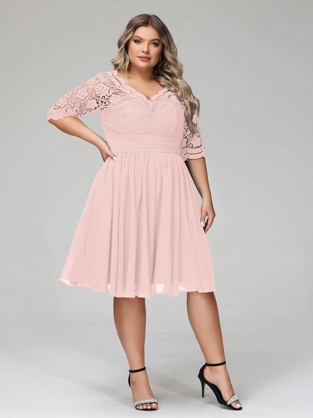 Lace and Chiffon Short Dress with Half Sleeves Dusty Rose