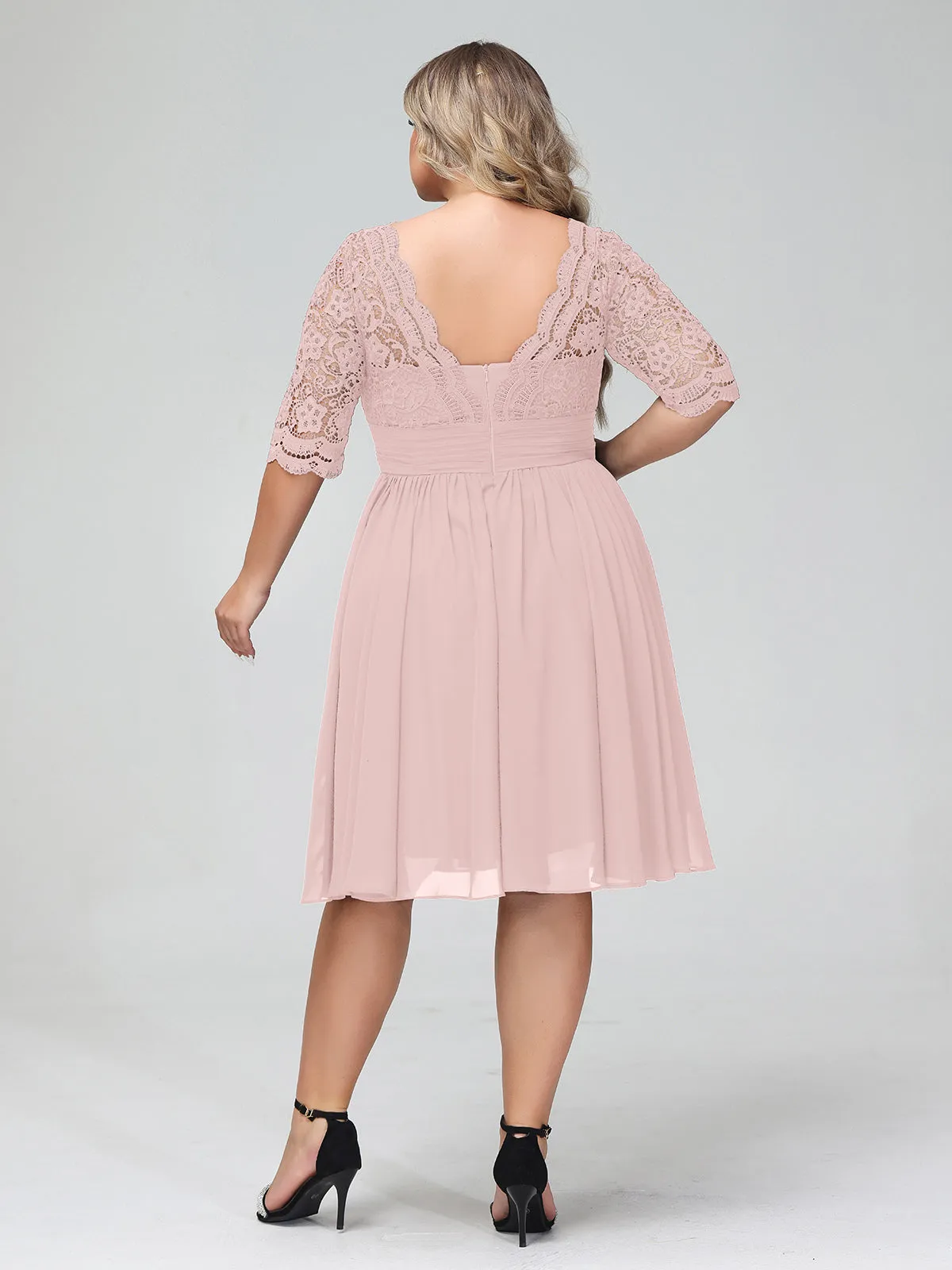 Lace and Chiffon Short Dress with Half Sleeves Dusty Rose