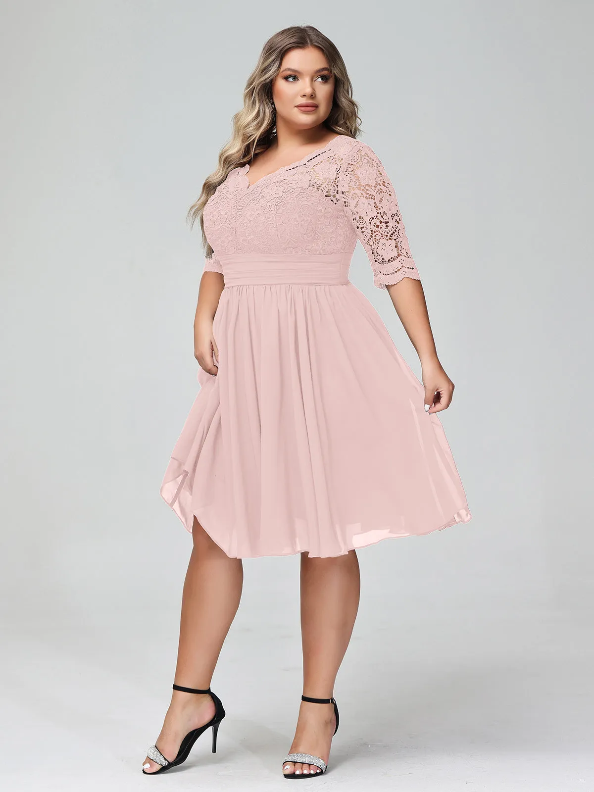 Lace and Chiffon Short Dress with Half Sleeves Dusty Rose