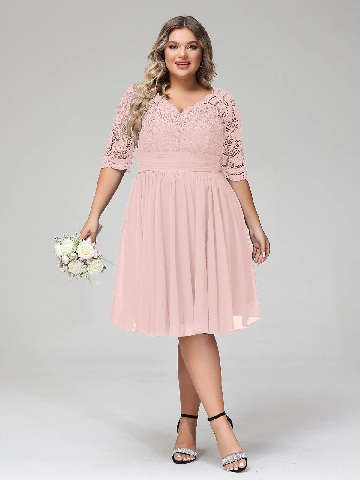 Lace and Chiffon Short Dress with Half Sleeves Dusty Rose