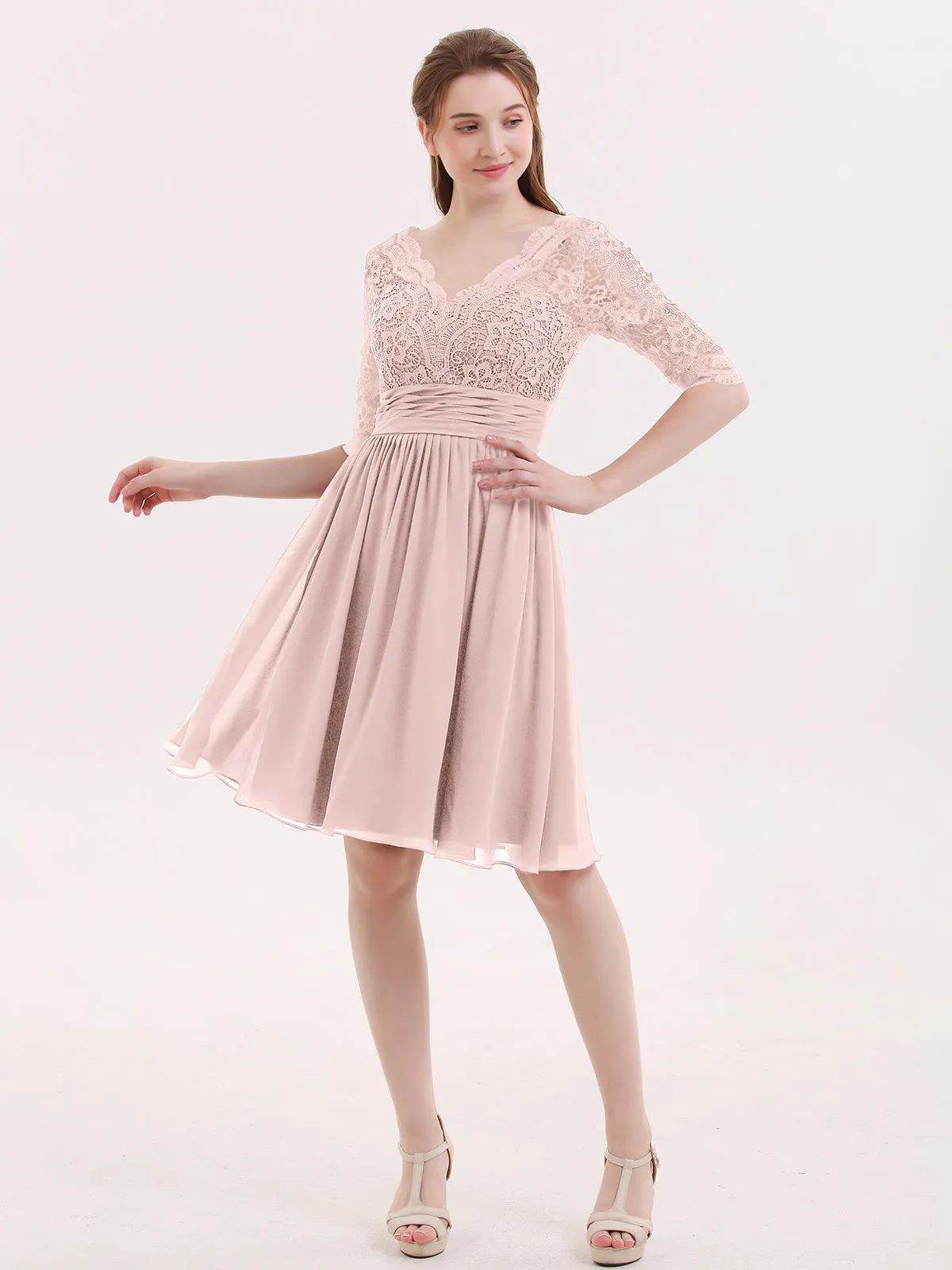 Lace and Chiffon Short Dress with Half Sleeves Dusty Rose