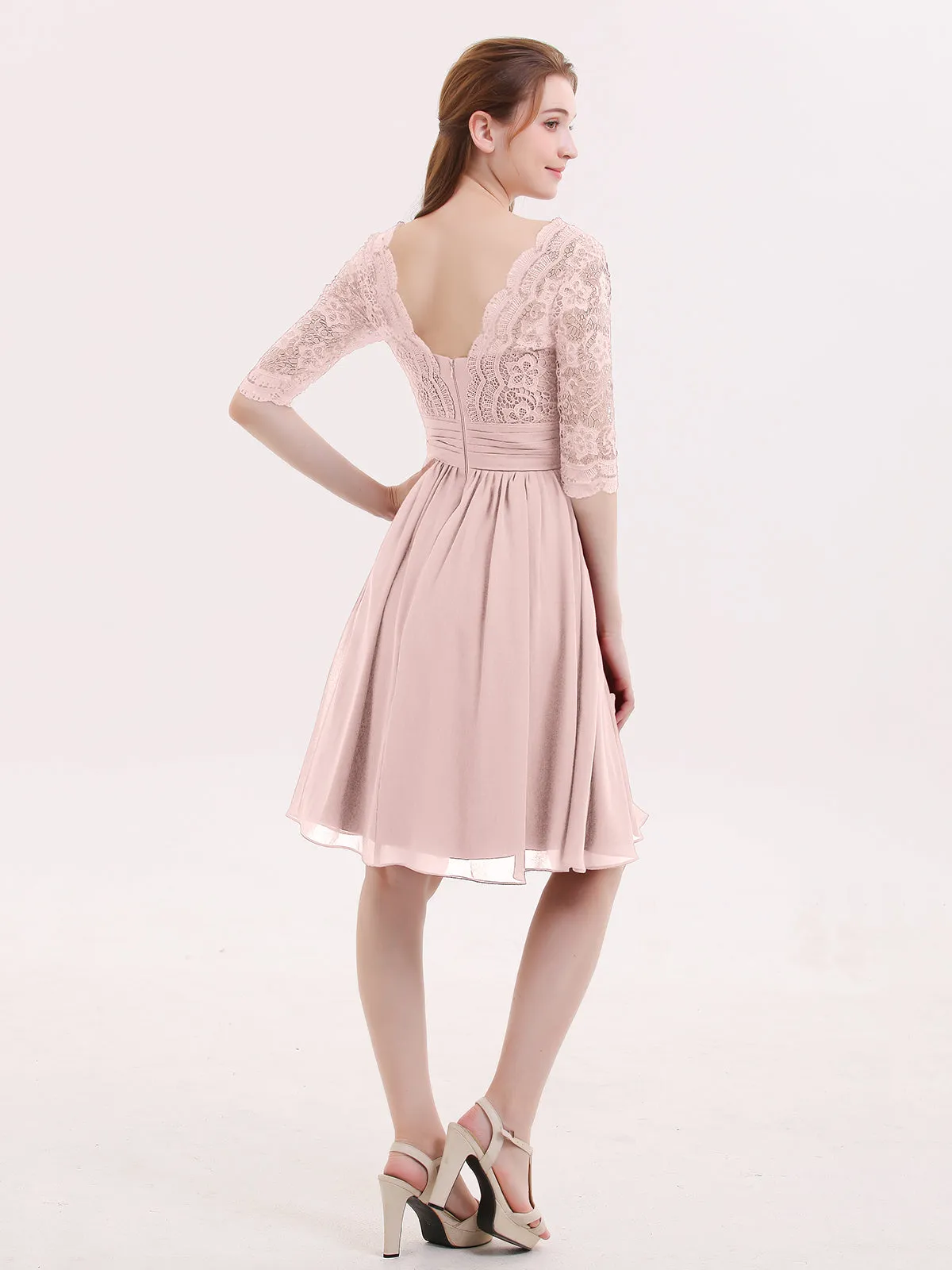 Lace and Chiffon Short Dress with Half Sleeves Dusty Rose