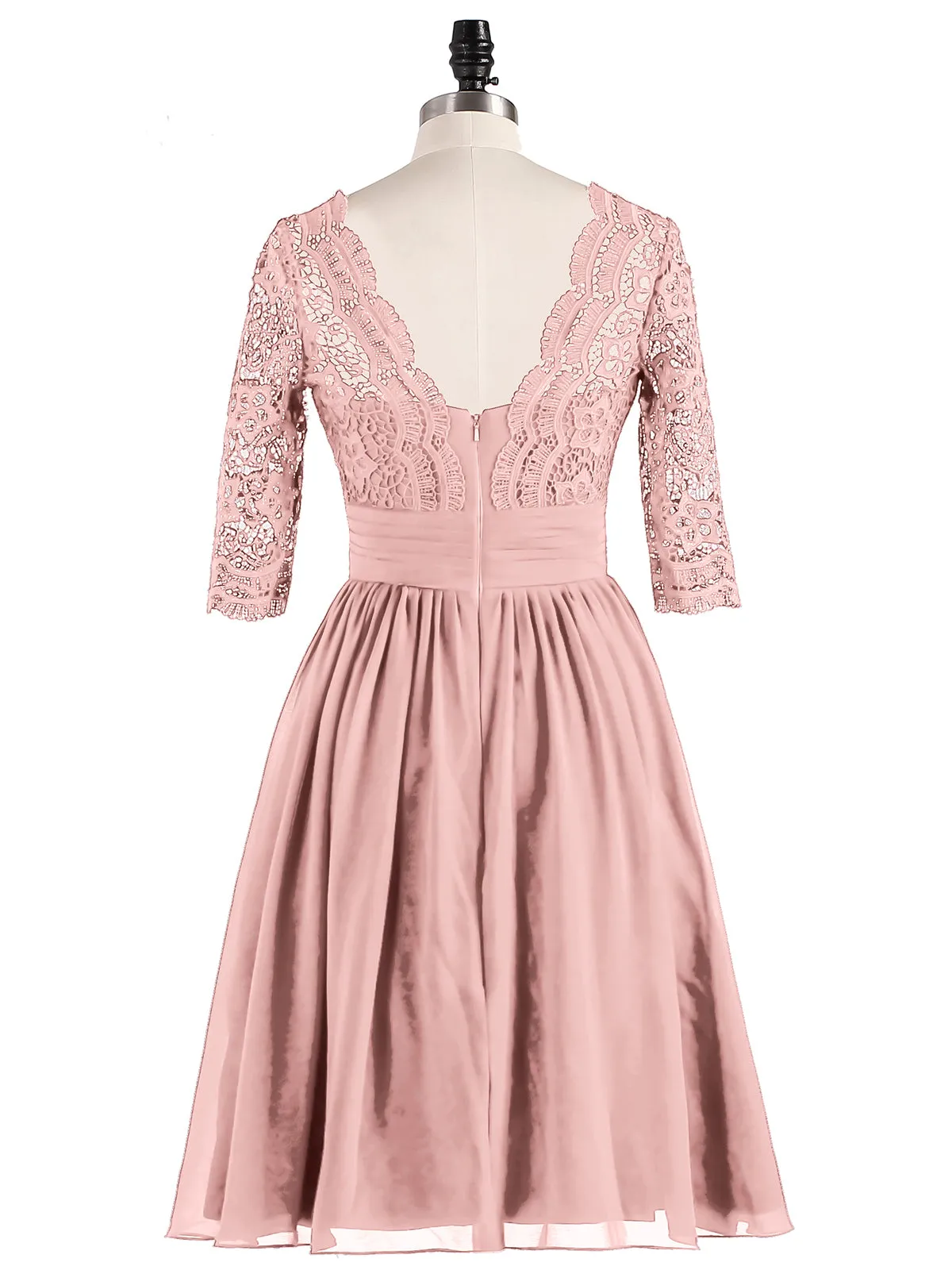 Lace and Chiffon Short Dress with Half Sleeves Dusty Rose