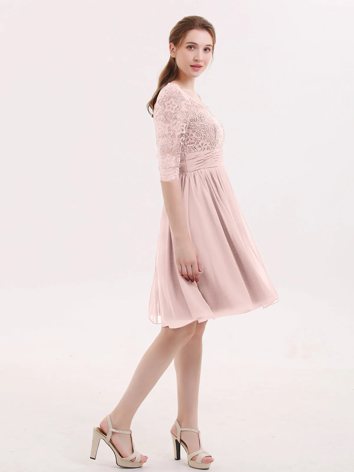 Lace and Chiffon Short Dress with Half Sleeves Dusty Rose