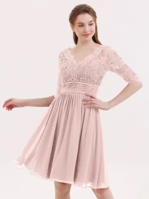Lace and Chiffon Short Dress with Half Sleeves Dusty Rose