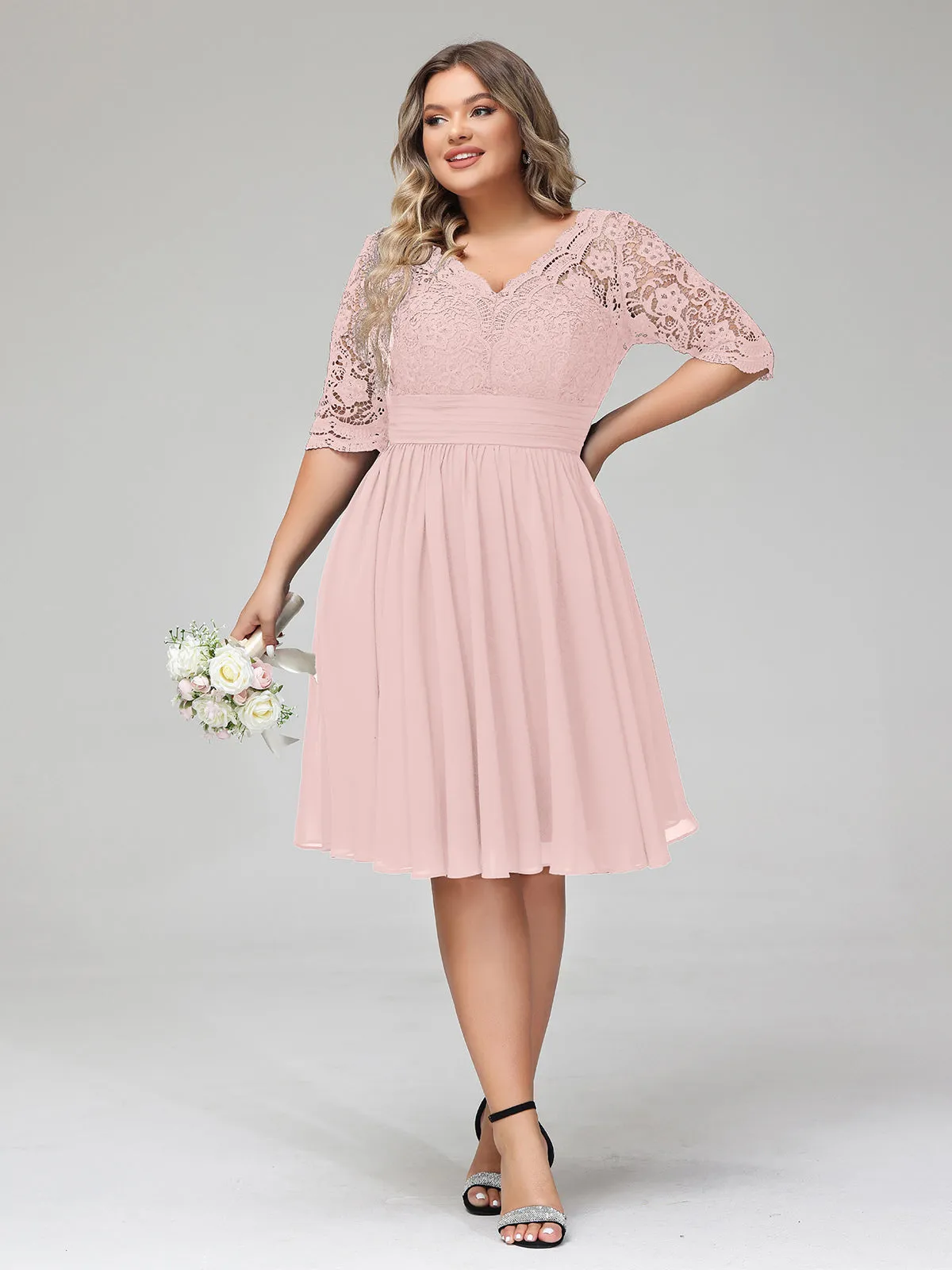 Lace and Chiffon Short Dress with Half Sleeves Dusty Rose