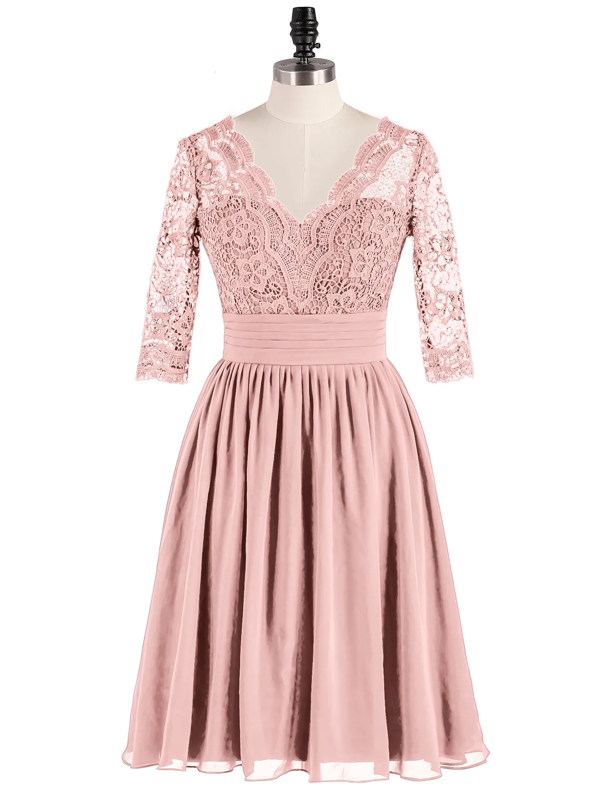 Lace and Chiffon Short Dress with Half Sleeves Dusty Rose