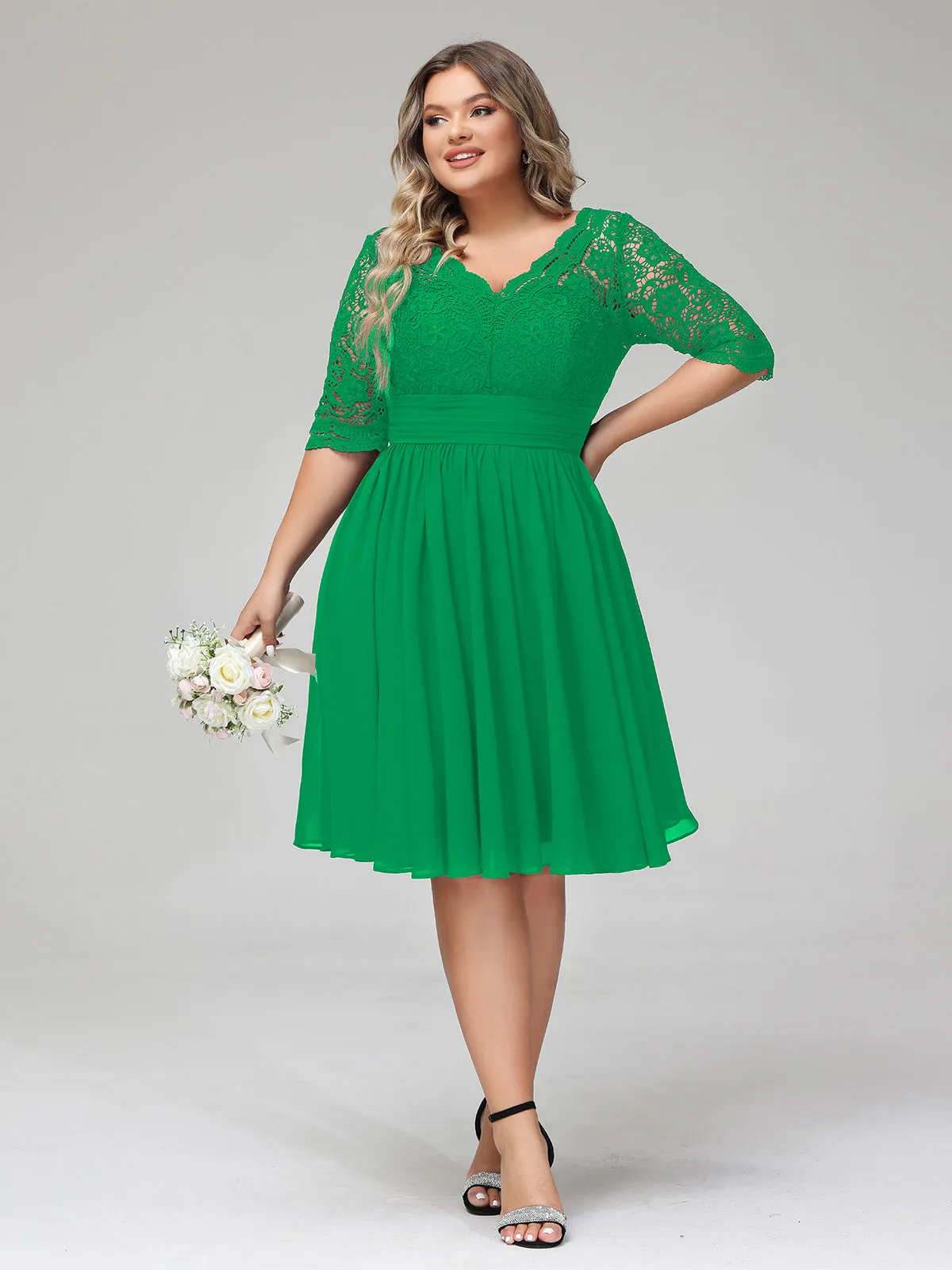Lace and Chiffon Short Dress with Half Sleeves Emerald