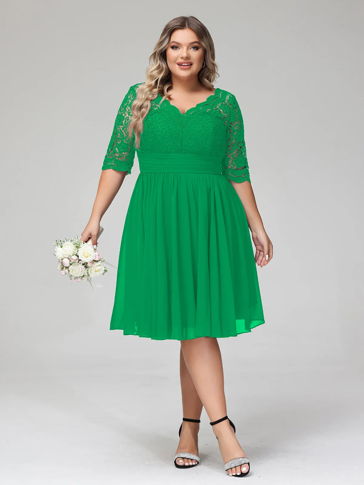 Lace and Chiffon Short Dress with Half Sleeves Emerald