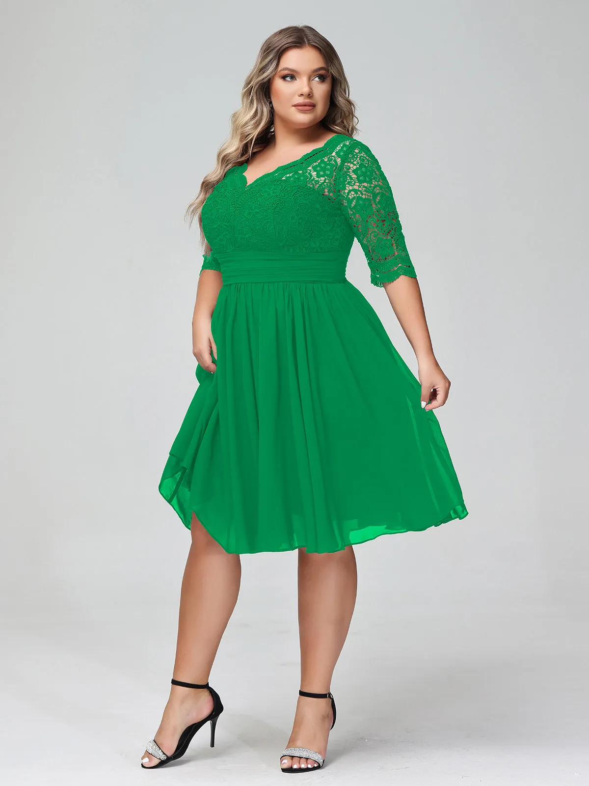 Lace and Chiffon Short Dress with Half Sleeves Emerald