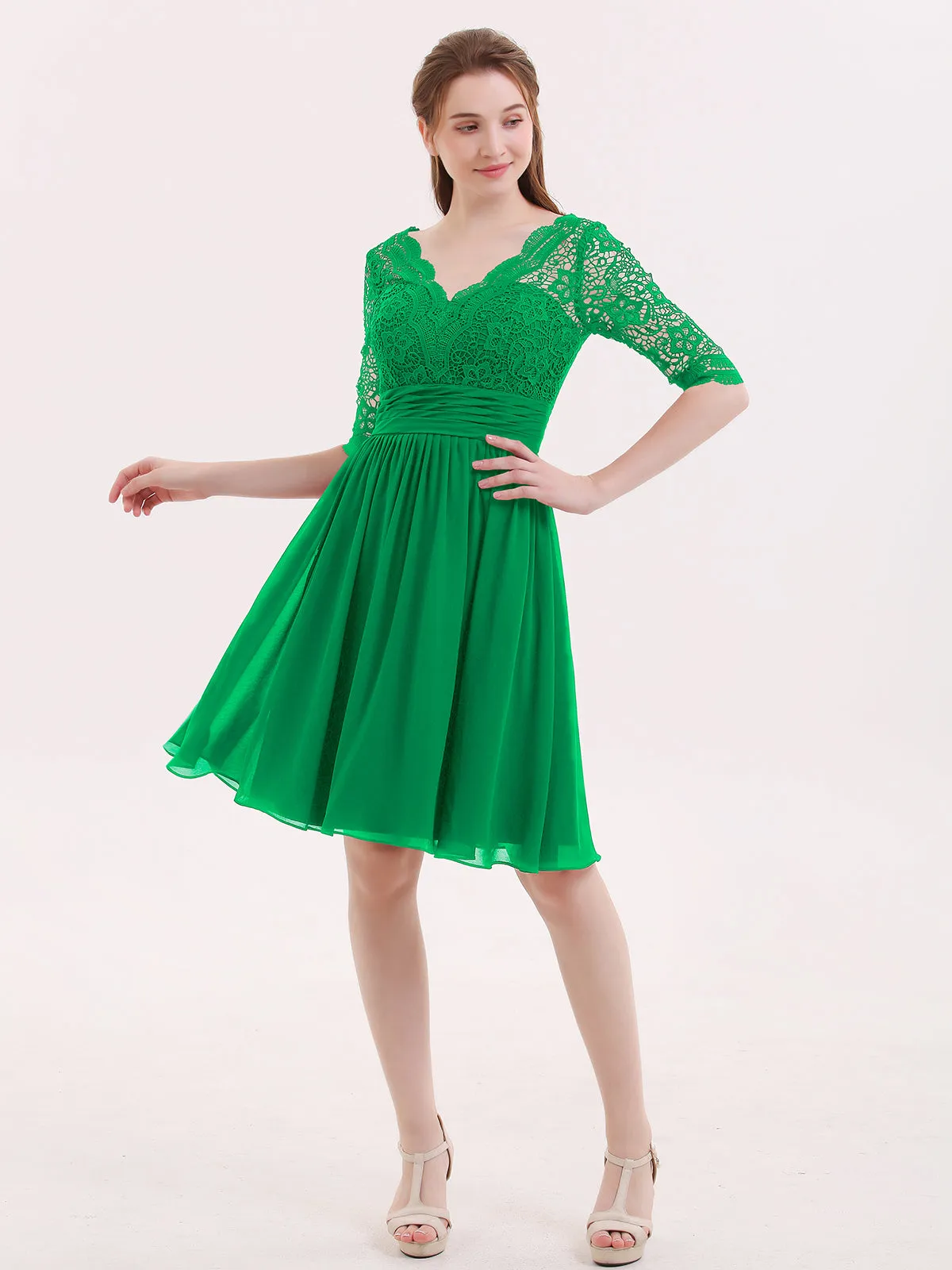 Lace and Chiffon Short Dress with Half Sleeves Emerald