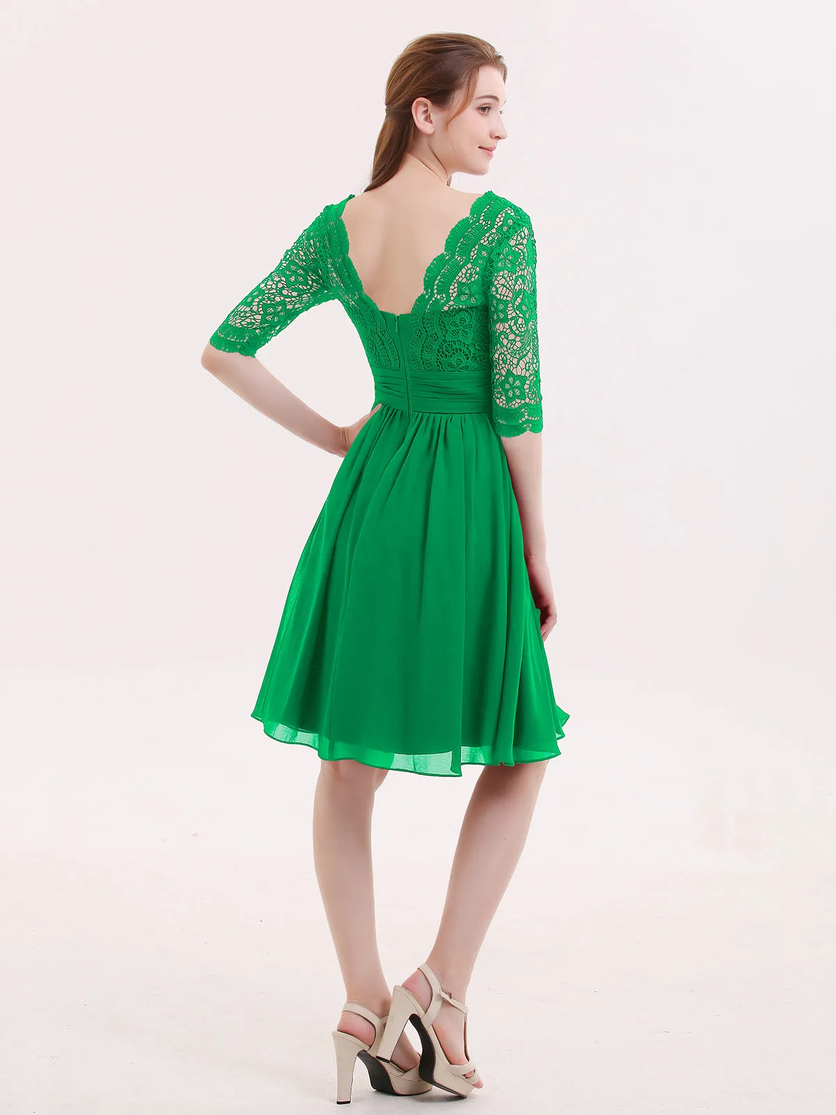 Lace and Chiffon Short Dress with Half Sleeves Emerald