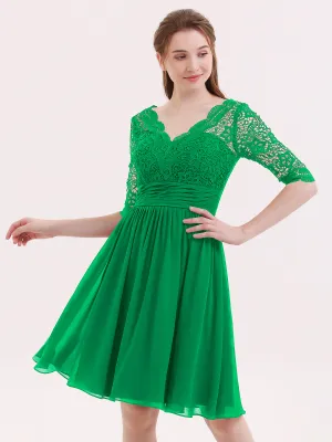 Lace and Chiffon Short Dress with Half Sleeves Emerald