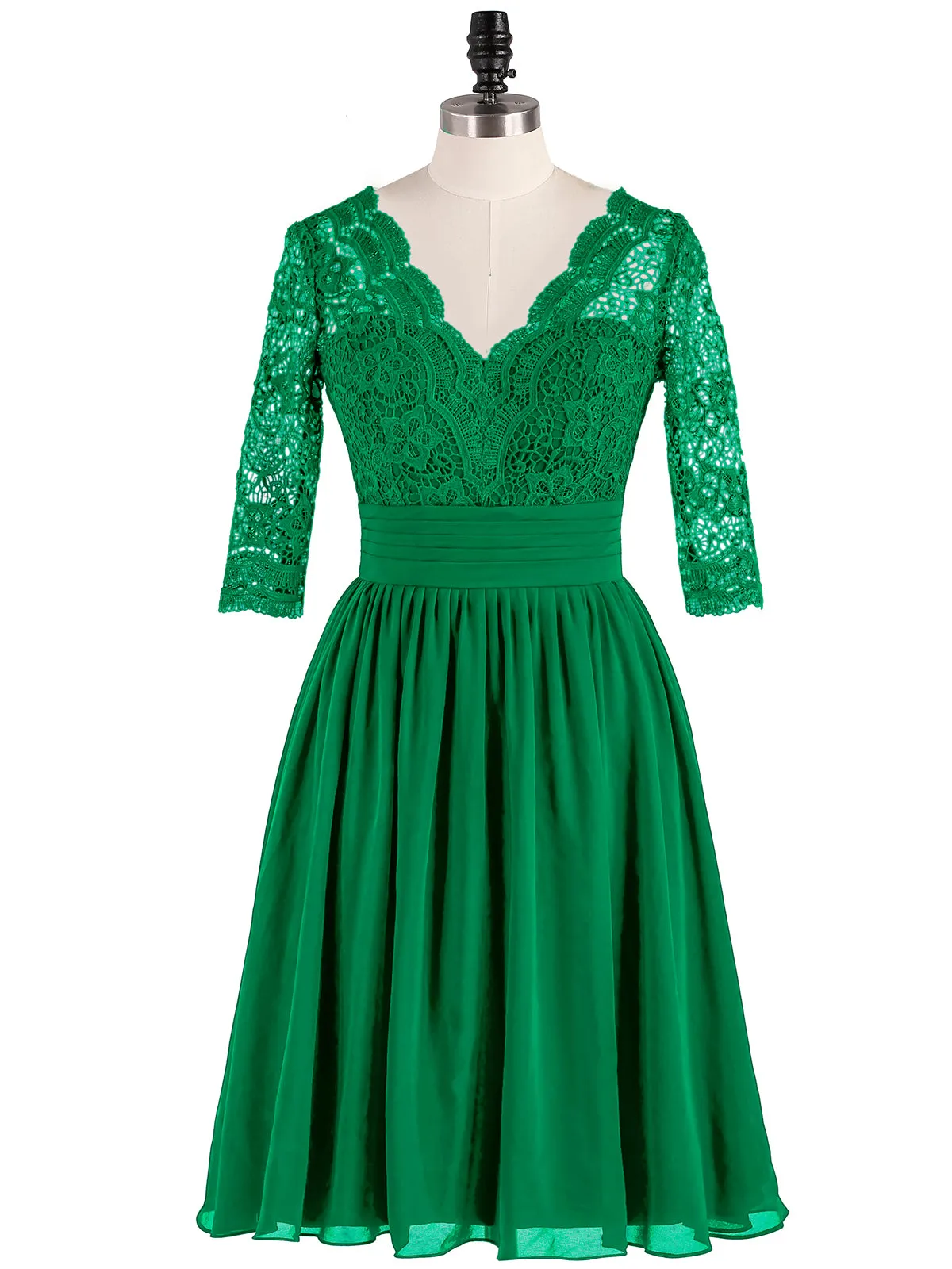 Lace and Chiffon Short Dress with Half Sleeves Emerald