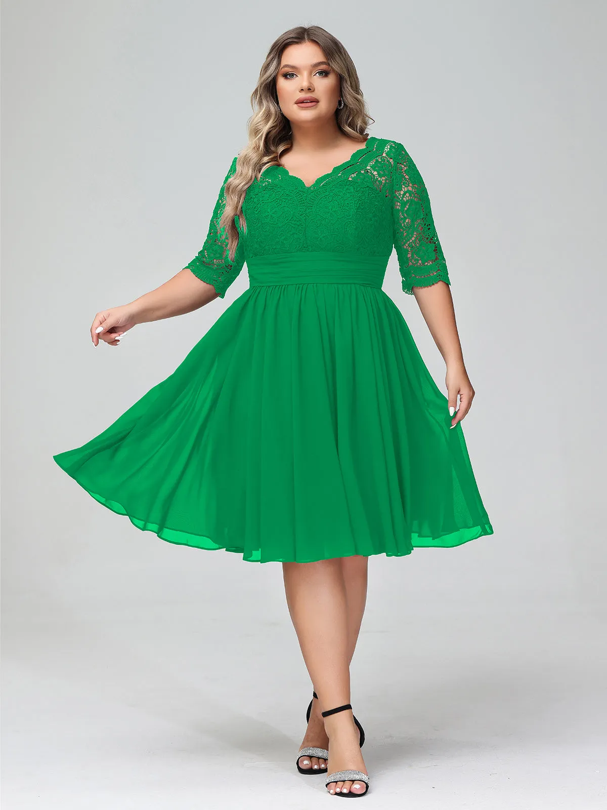Lace and Chiffon Short Dress with Half Sleeves Emerald