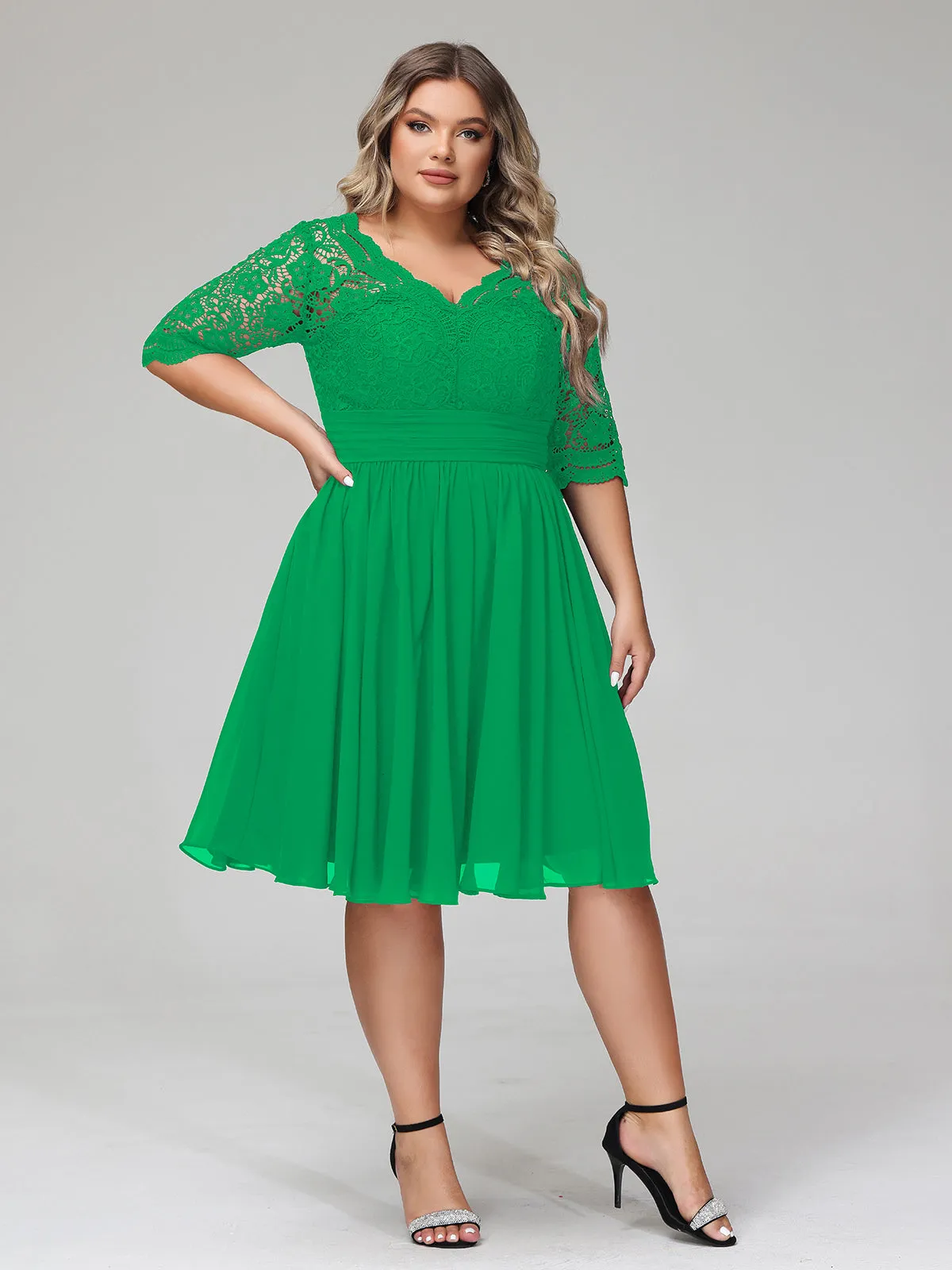 Lace and Chiffon Short Dress with Half Sleeves Emerald
