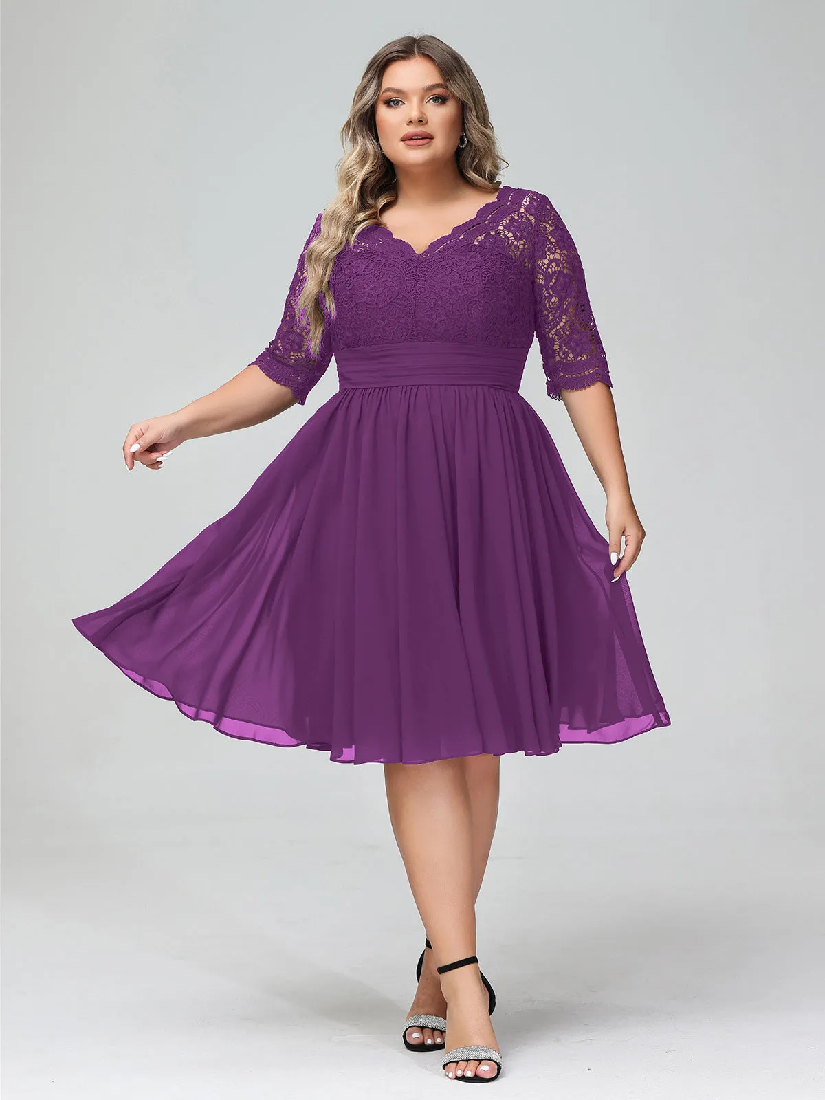 Lace and Chiffon Short Dress with Half Sleeves Grape
