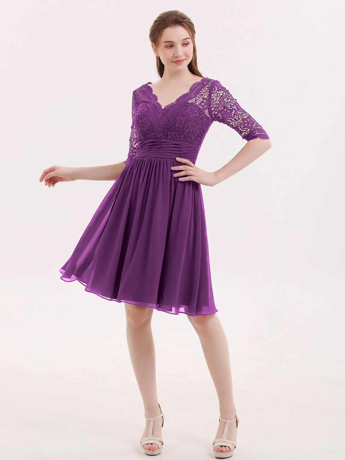 Lace and Chiffon Short Dress with Half Sleeves Grape