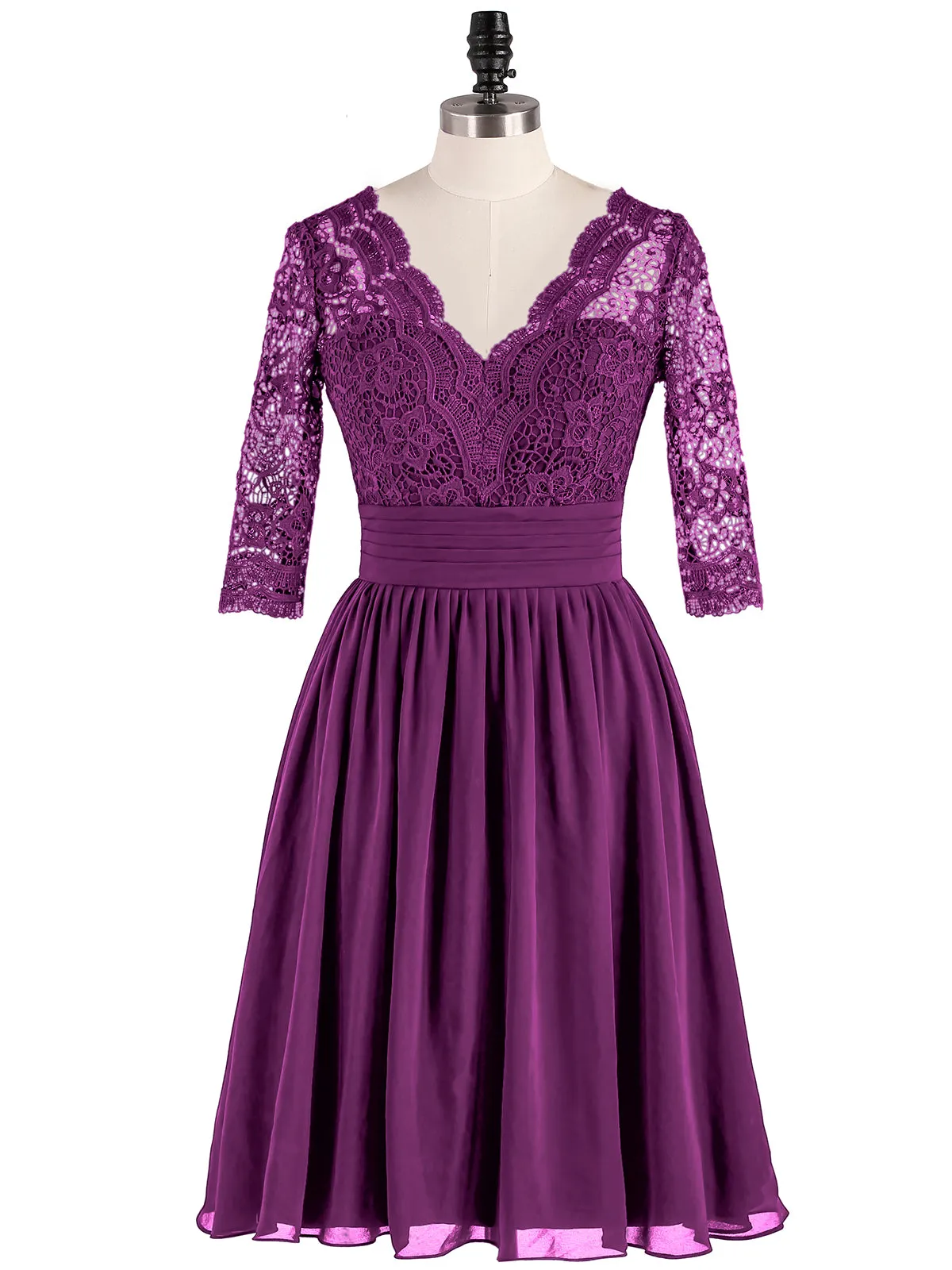 Lace and Chiffon Short Dress with Half Sleeves Grape