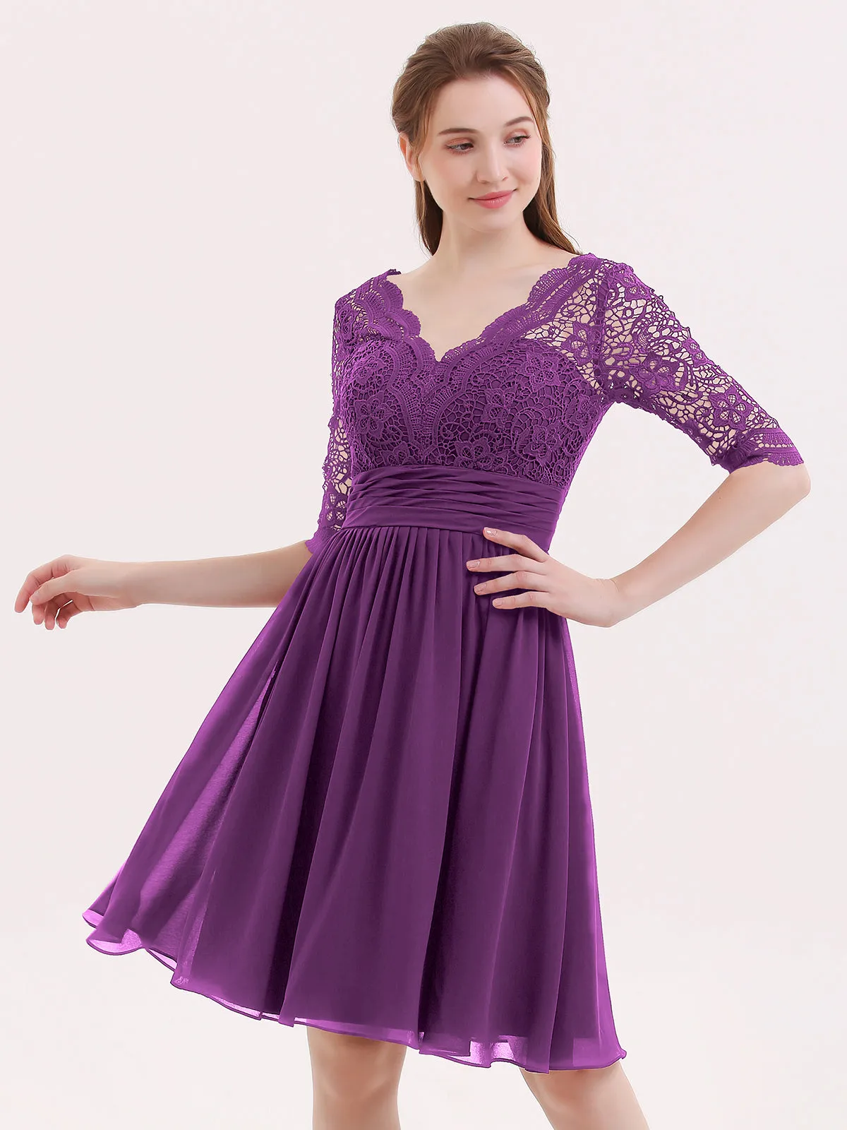 Lace and Chiffon Short Dress with Half Sleeves Grape