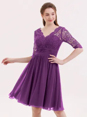 Lace and Chiffon Short Dress with Half Sleeves Grape