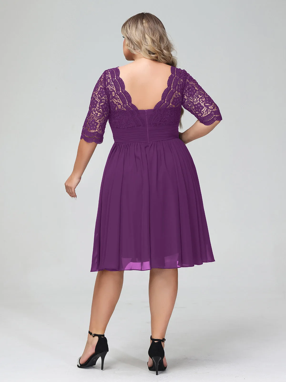 Lace and Chiffon Short Dress with Half Sleeves Grape