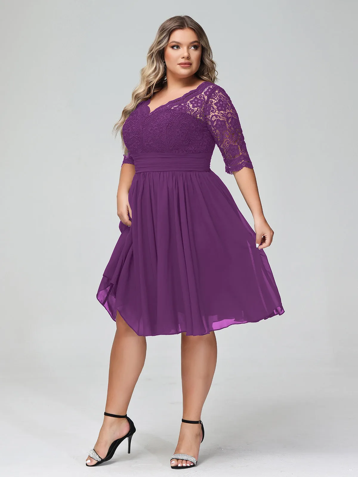 Lace and Chiffon Short Dress with Half Sleeves Grape