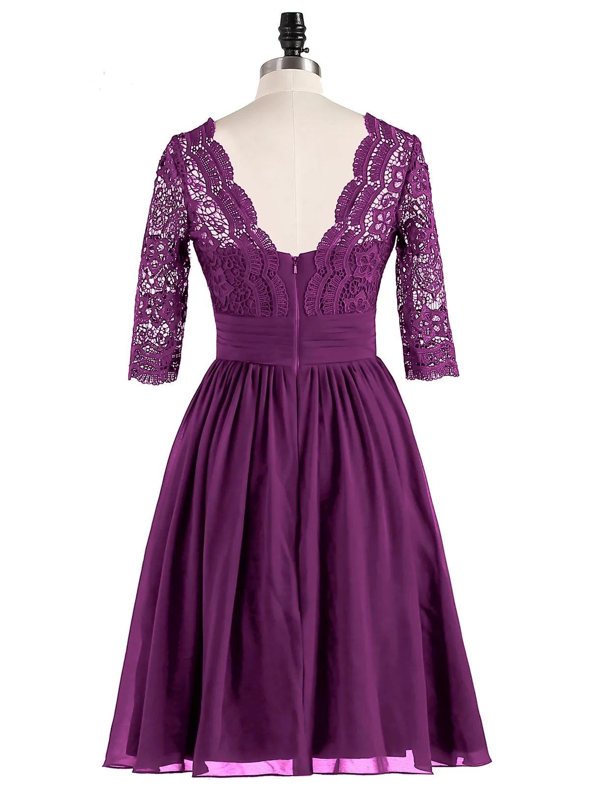 Lace and Chiffon Short Dress with Half Sleeves Grape