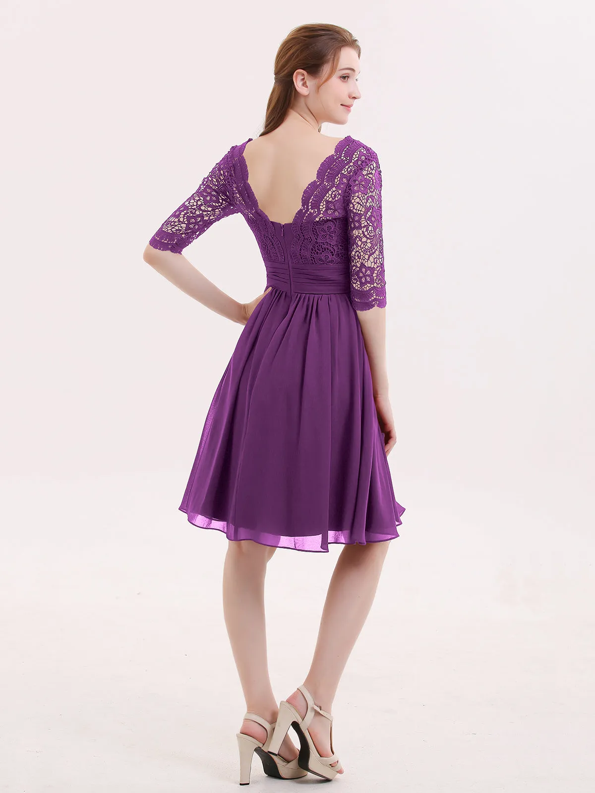Lace and Chiffon Short Dress with Half Sleeves Grape