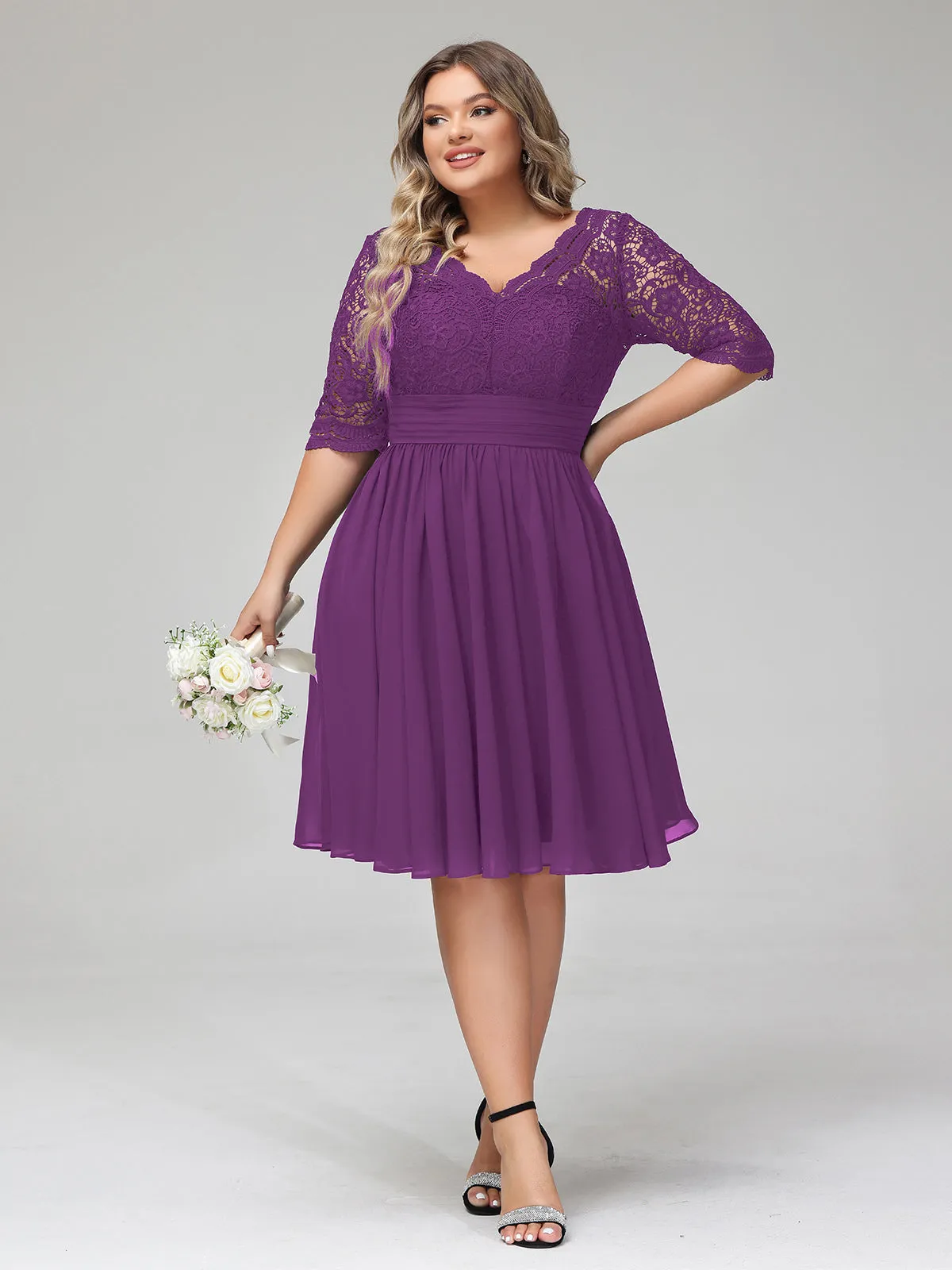 Lace and Chiffon Short Dress with Half Sleeves Grape