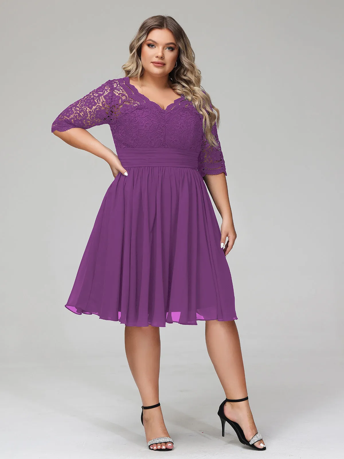 Lace and Chiffon Short Dress with Half Sleeves Grape