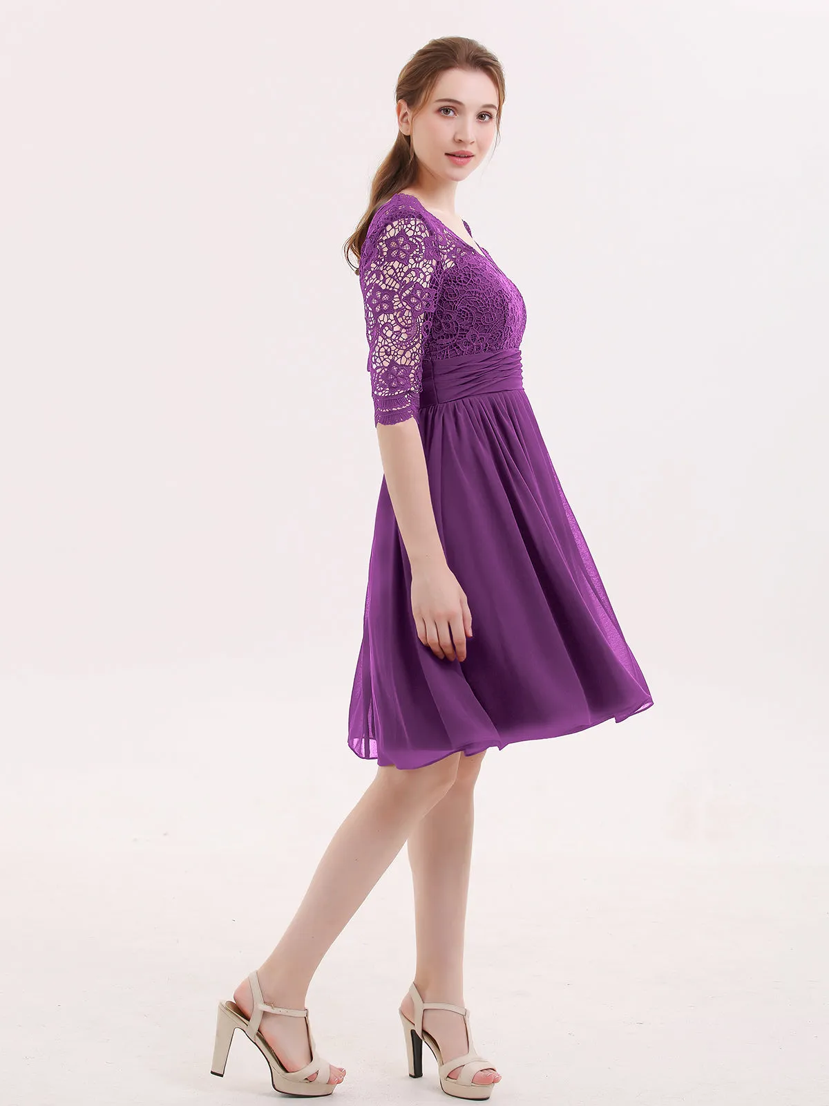 Lace and Chiffon Short Dress with Half Sleeves Grape