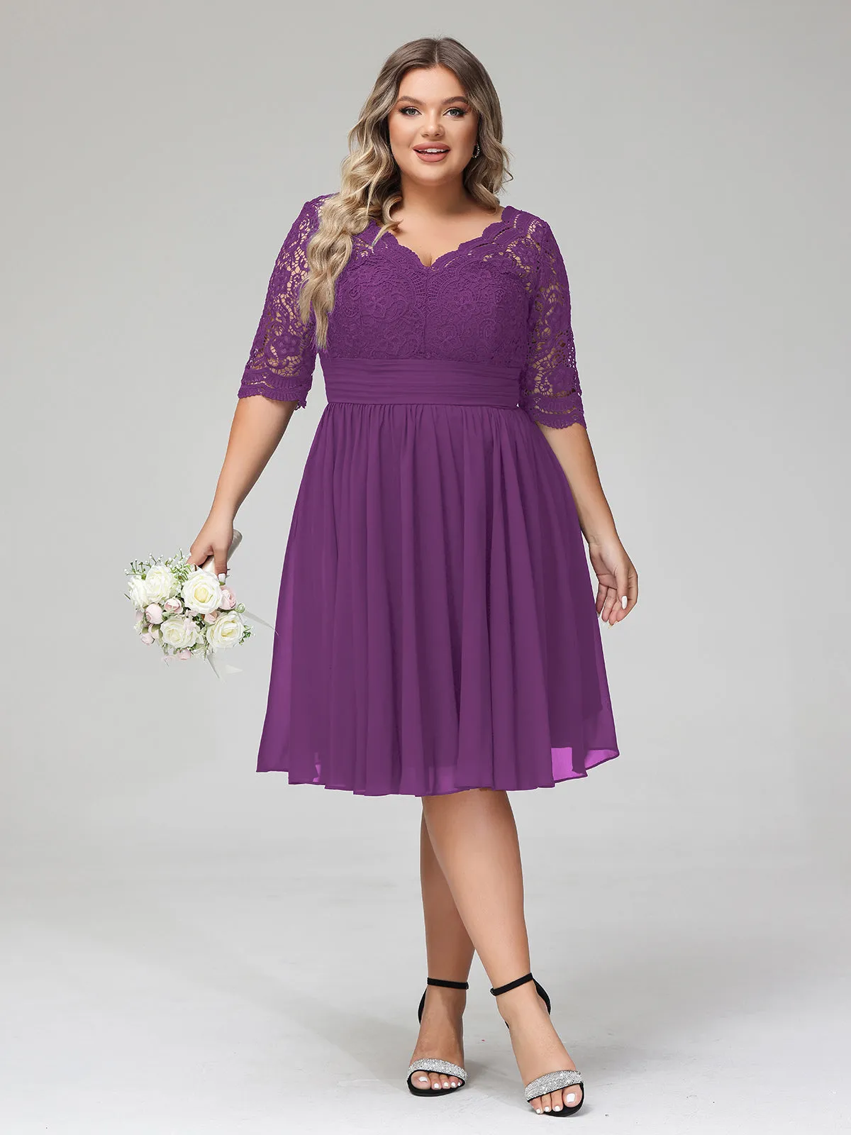 Lace and Chiffon Short Dress with Half Sleeves Grape