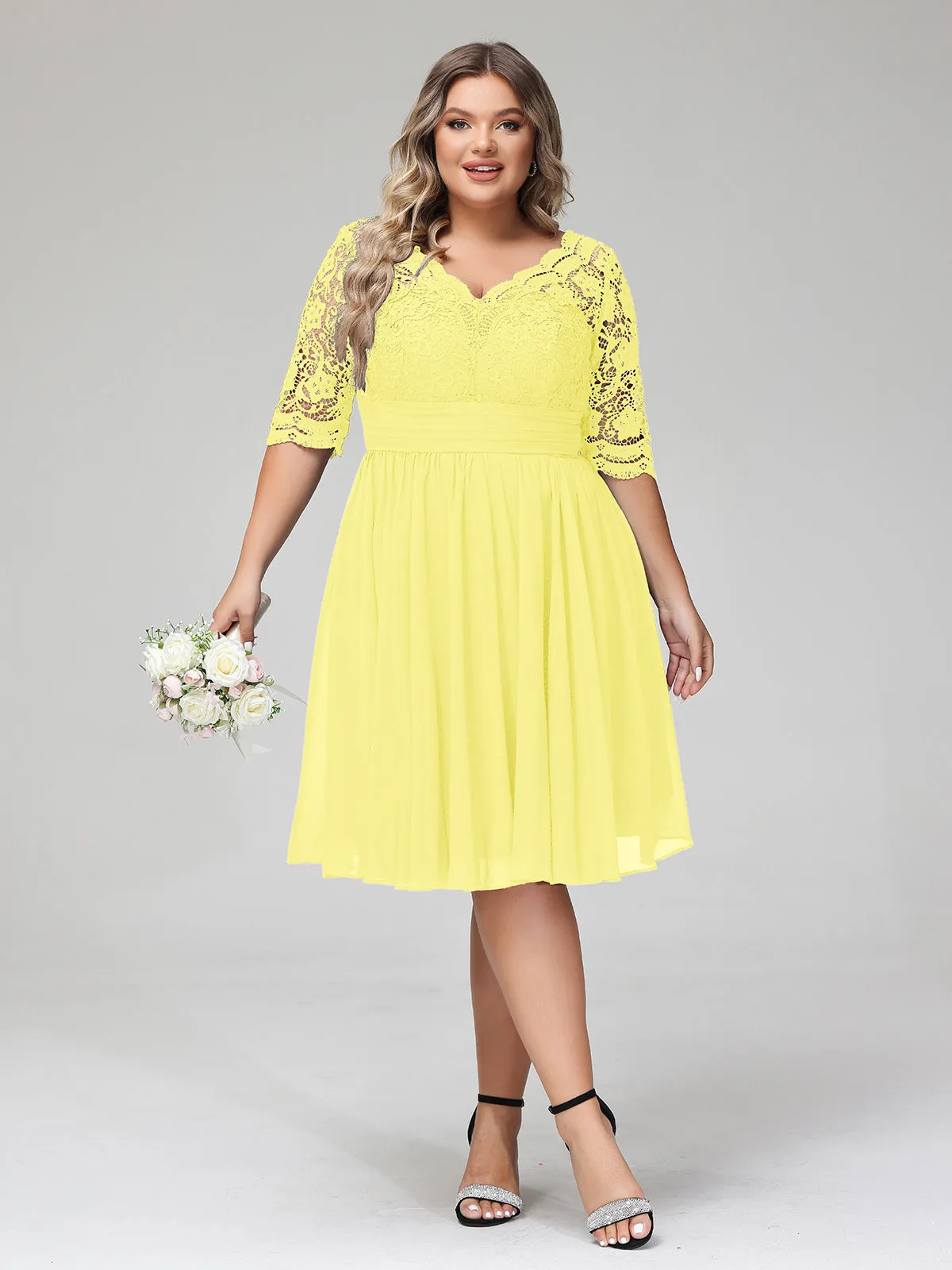 Lace and Chiffon Short Dress with Half Sleeves Lemon