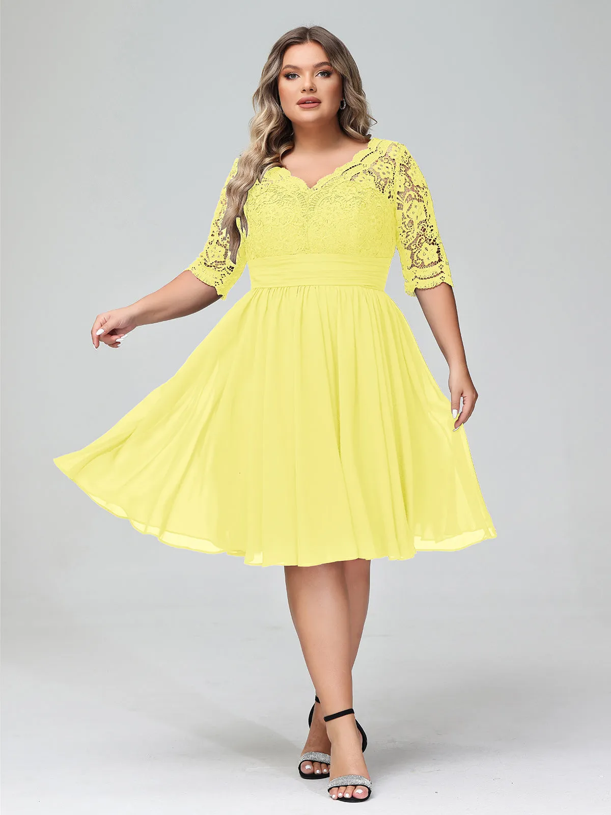 Lace and Chiffon Short Dress with Half Sleeves Lemon