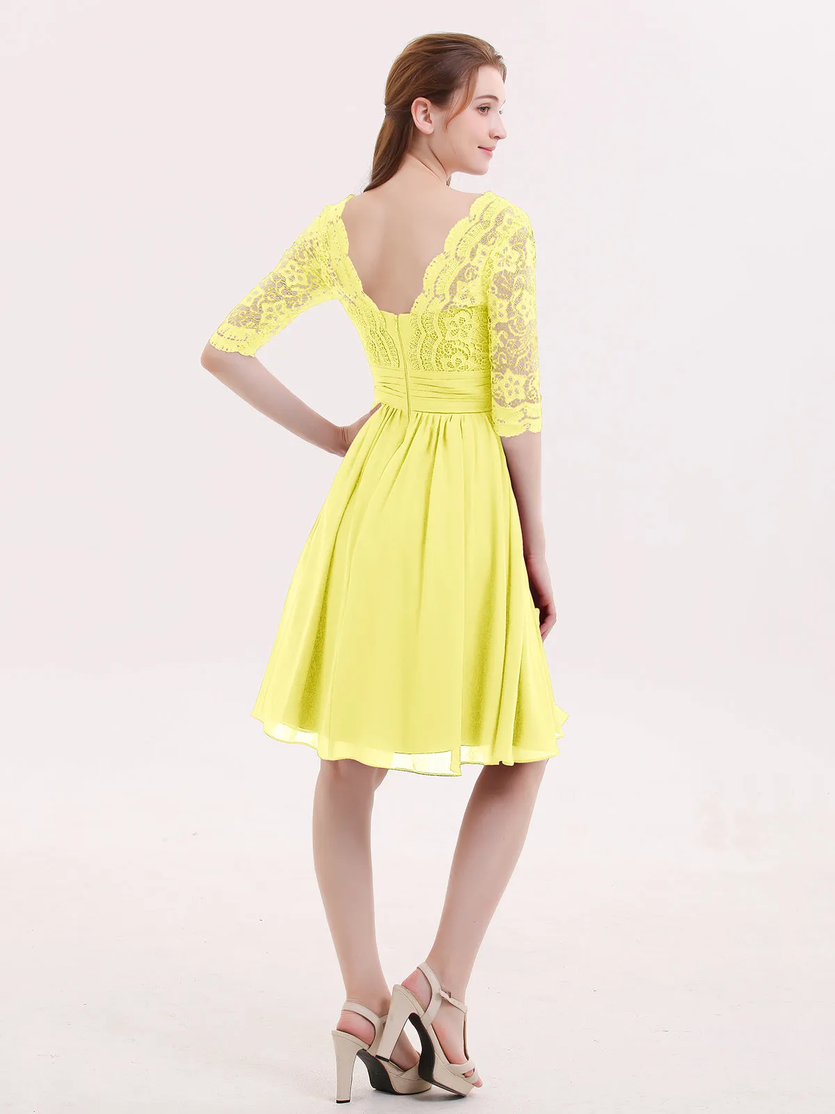 Lace and Chiffon Short Dress with Half Sleeves Lemon